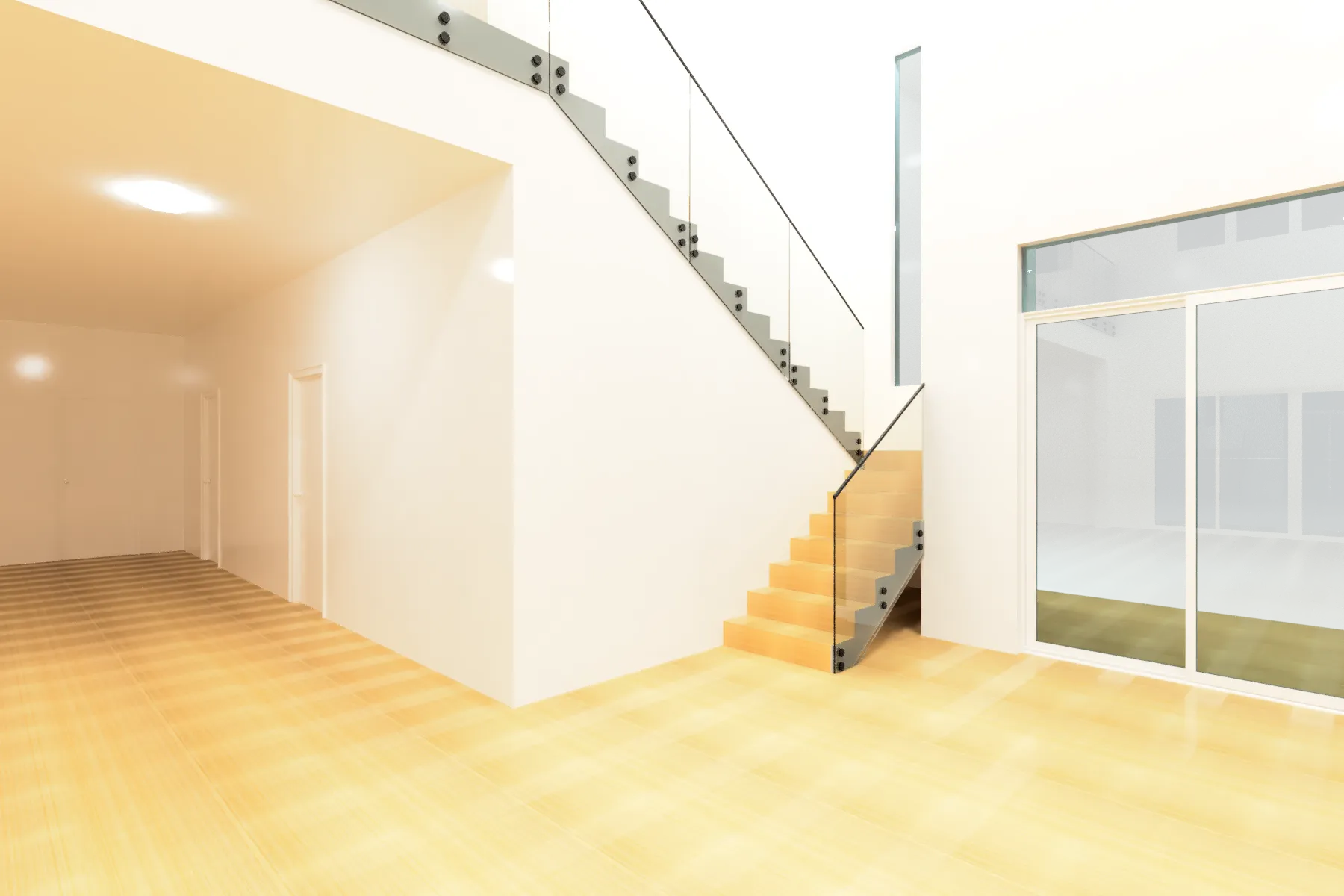 Stainless steel and glass staircase railing with modern design. Elegant glass staircase with sleek metal accents.