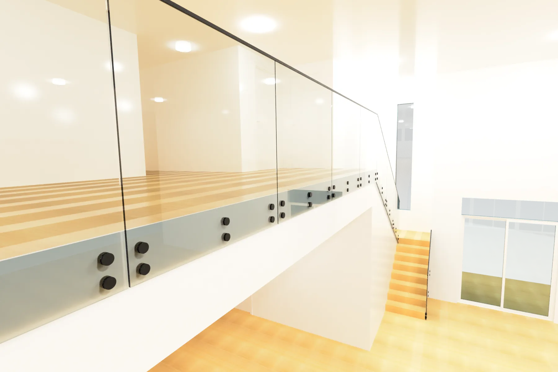 Stylish glass and mirror railing with black hardware enhances contemporary staircases and balconies.