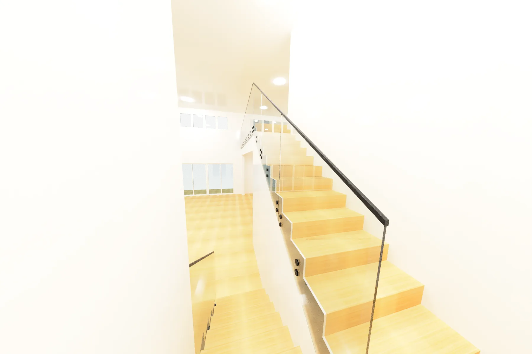 Elegant glass staircase with wooden steps and sleek black handrail in modern interior.