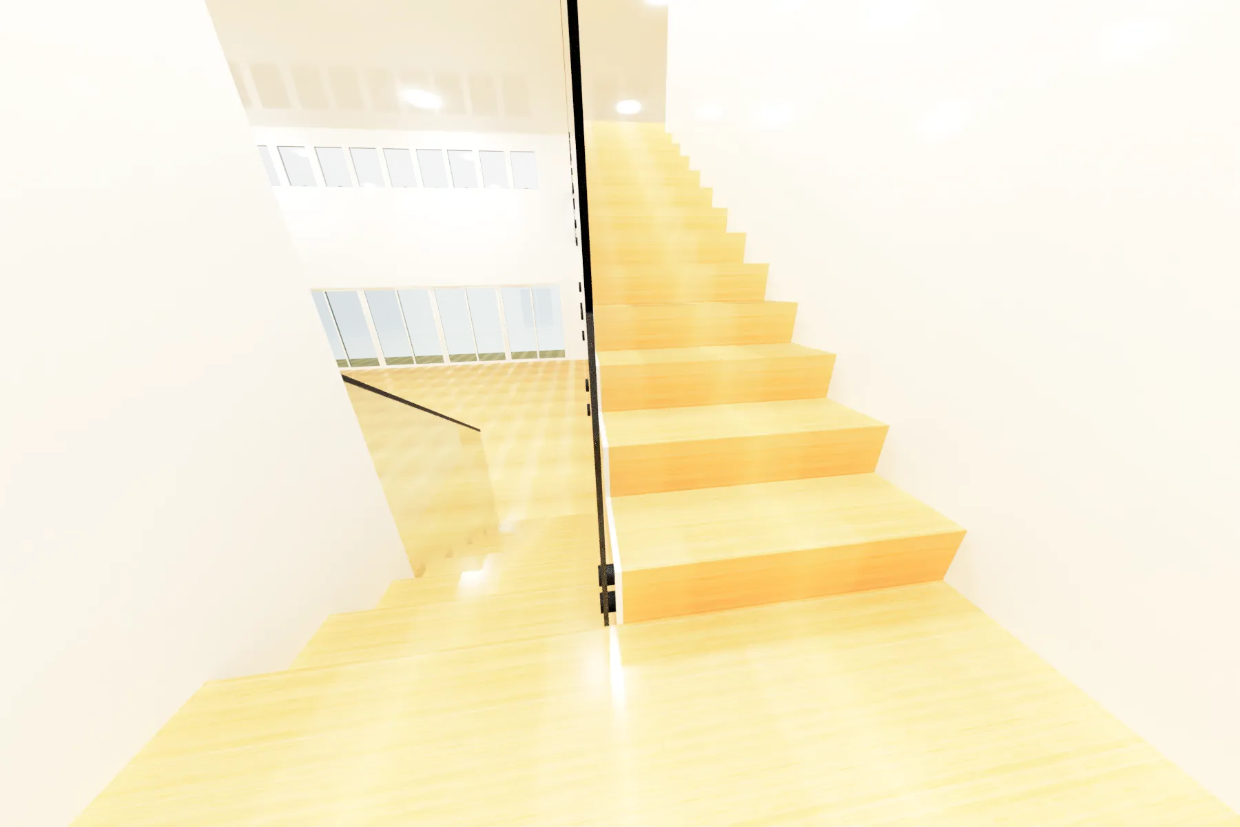 Bright, modern glass staircase with sleek wood steps and safety railing.