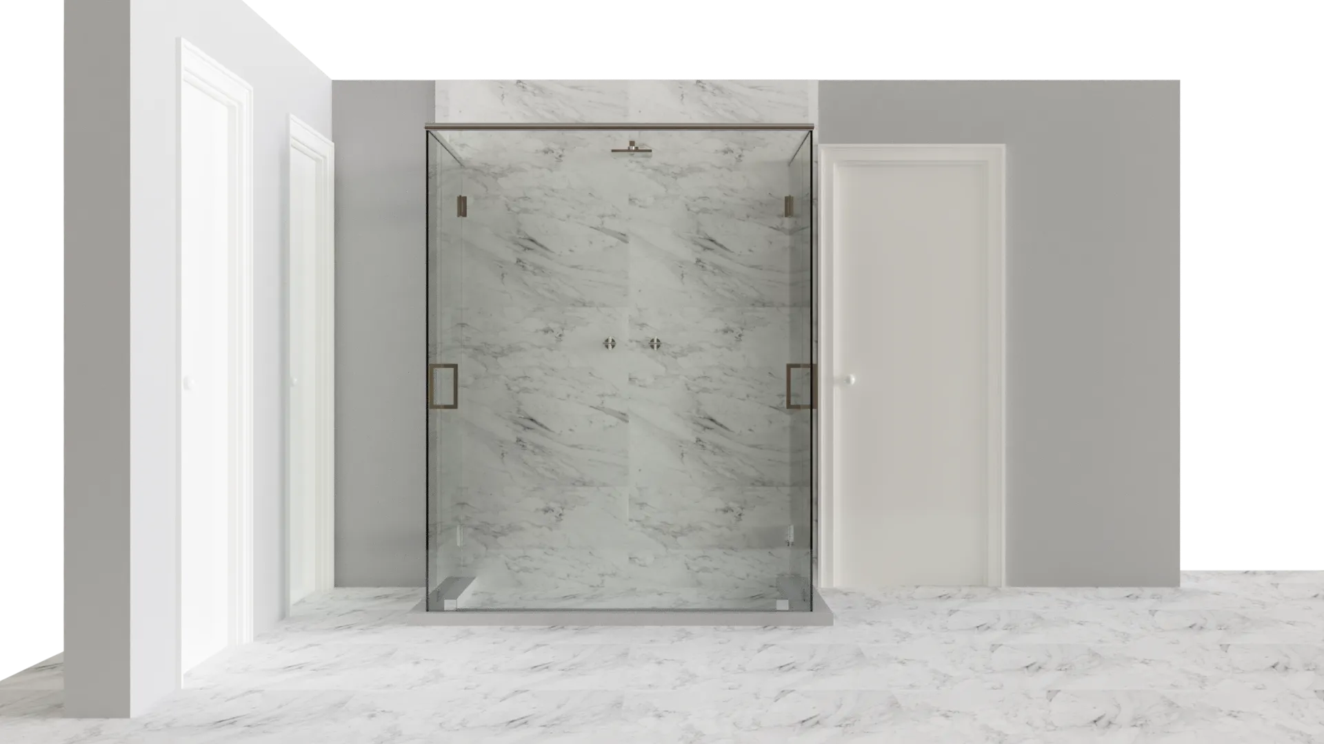 Elegant glass shower door with marble wall, sleek modern bathroom design.