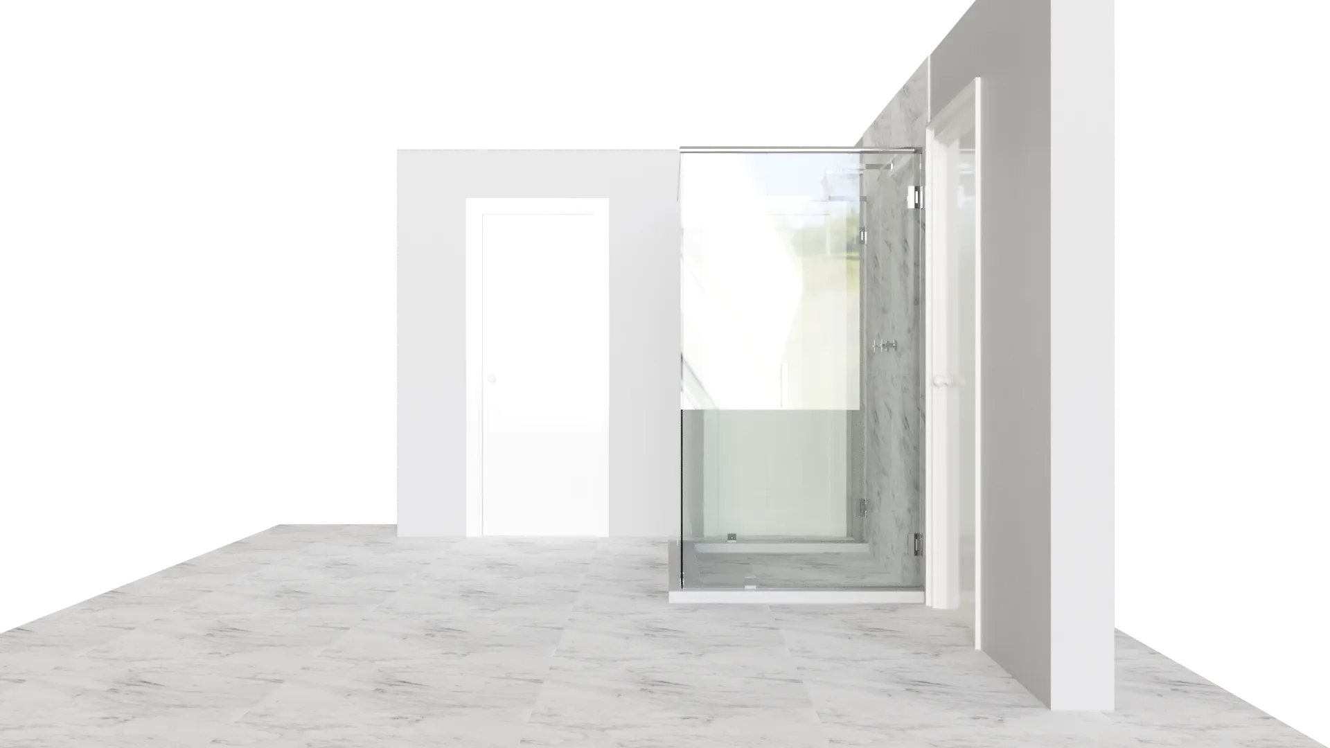Bright, modern bathroom featuring a sleek glass shower with marble tiles.