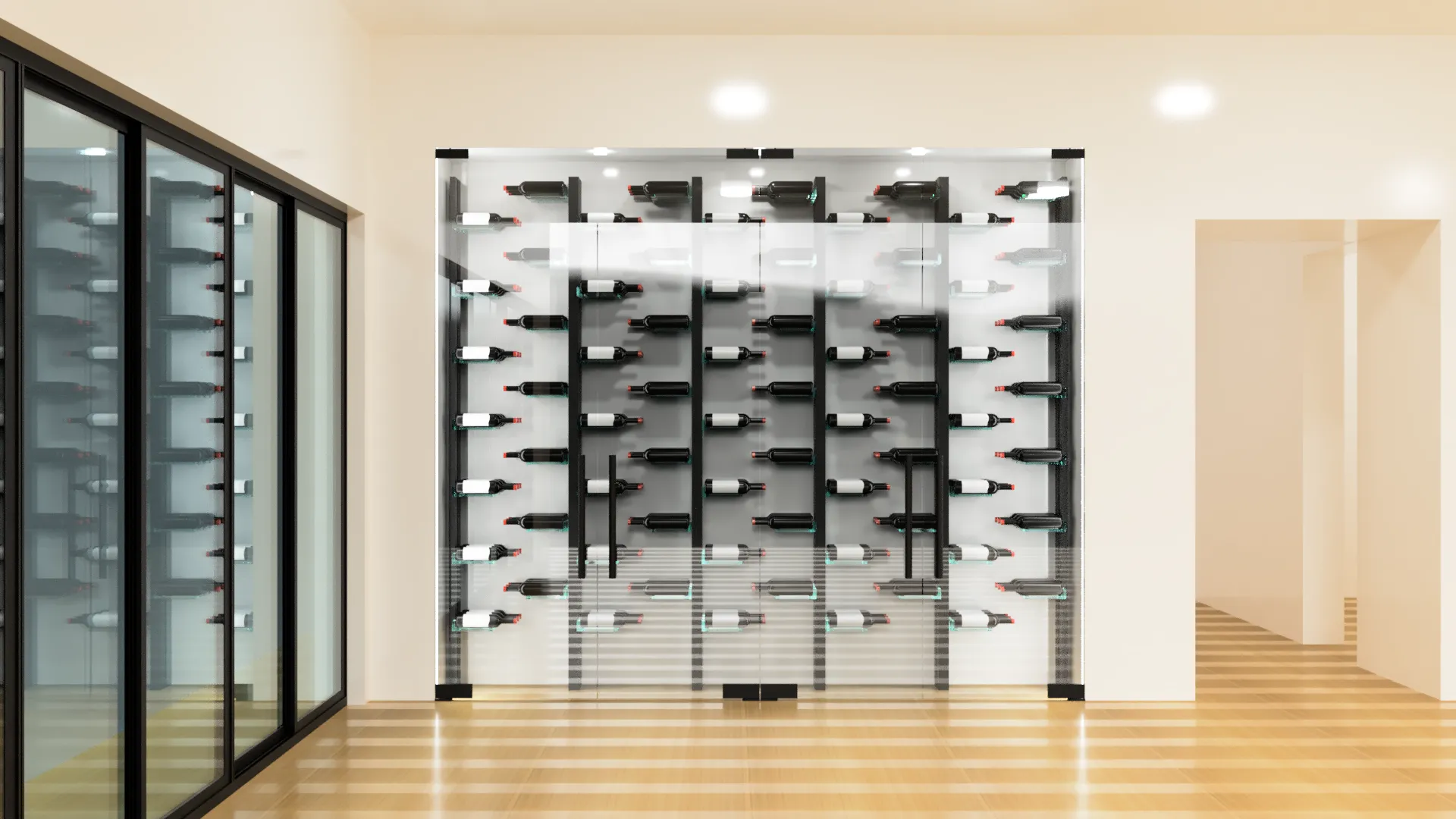 Stylish wine cellar featuring sleek glass doors and contemporary wine storage solutions.