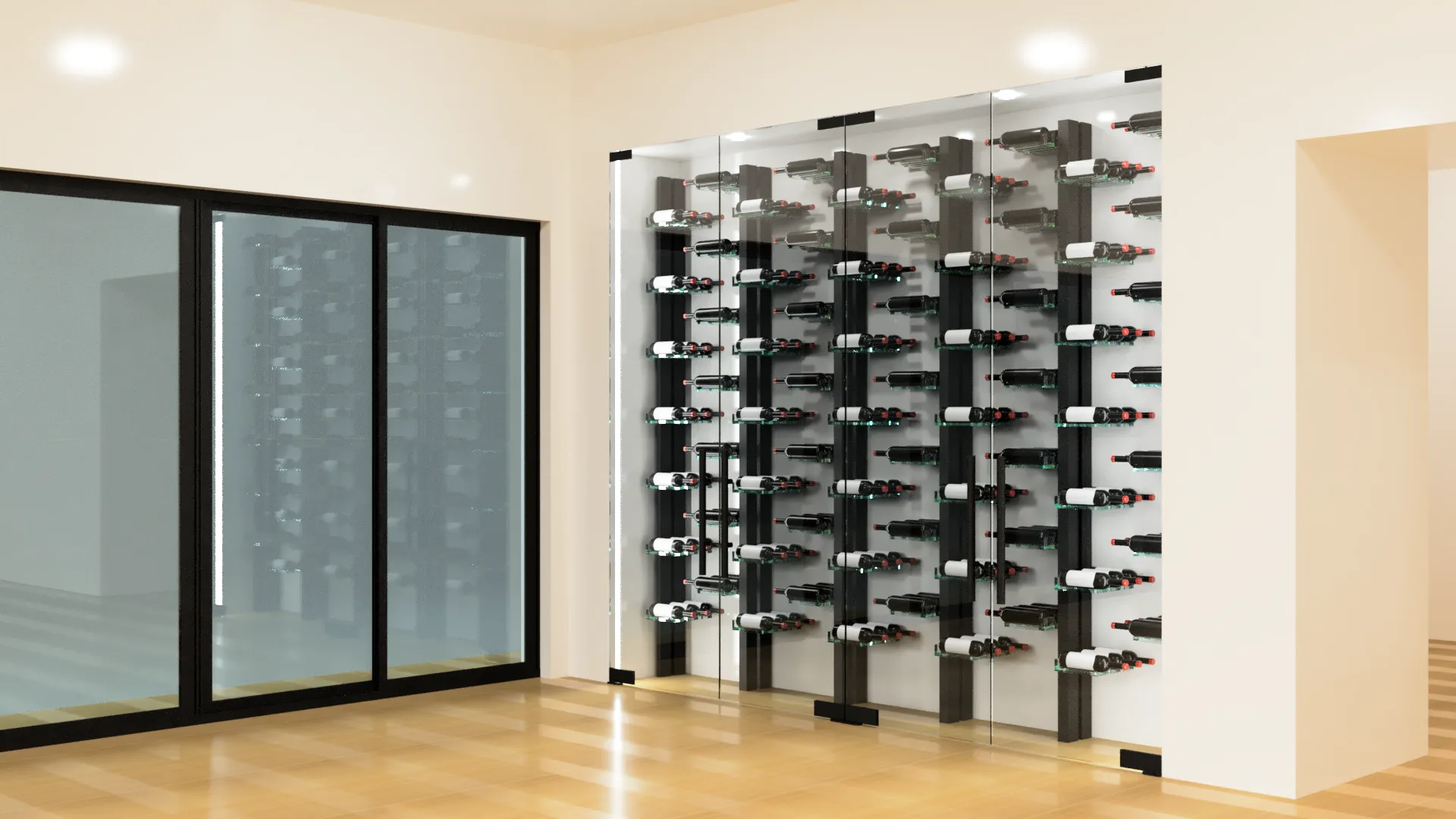 Glass wine cellar door with modern wine storage wall for wine lovers.