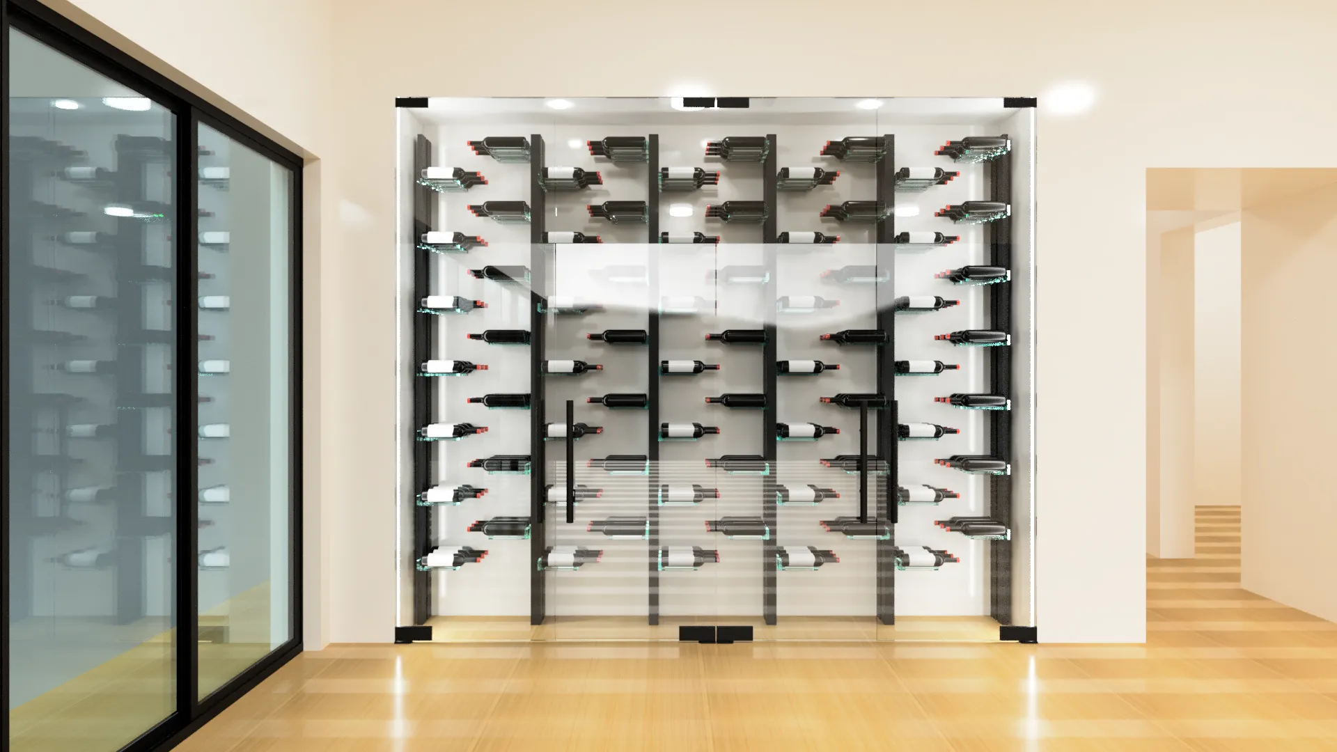Elegant wine bottle display with modern glass and mirror design in a stylish home or commercial setting.