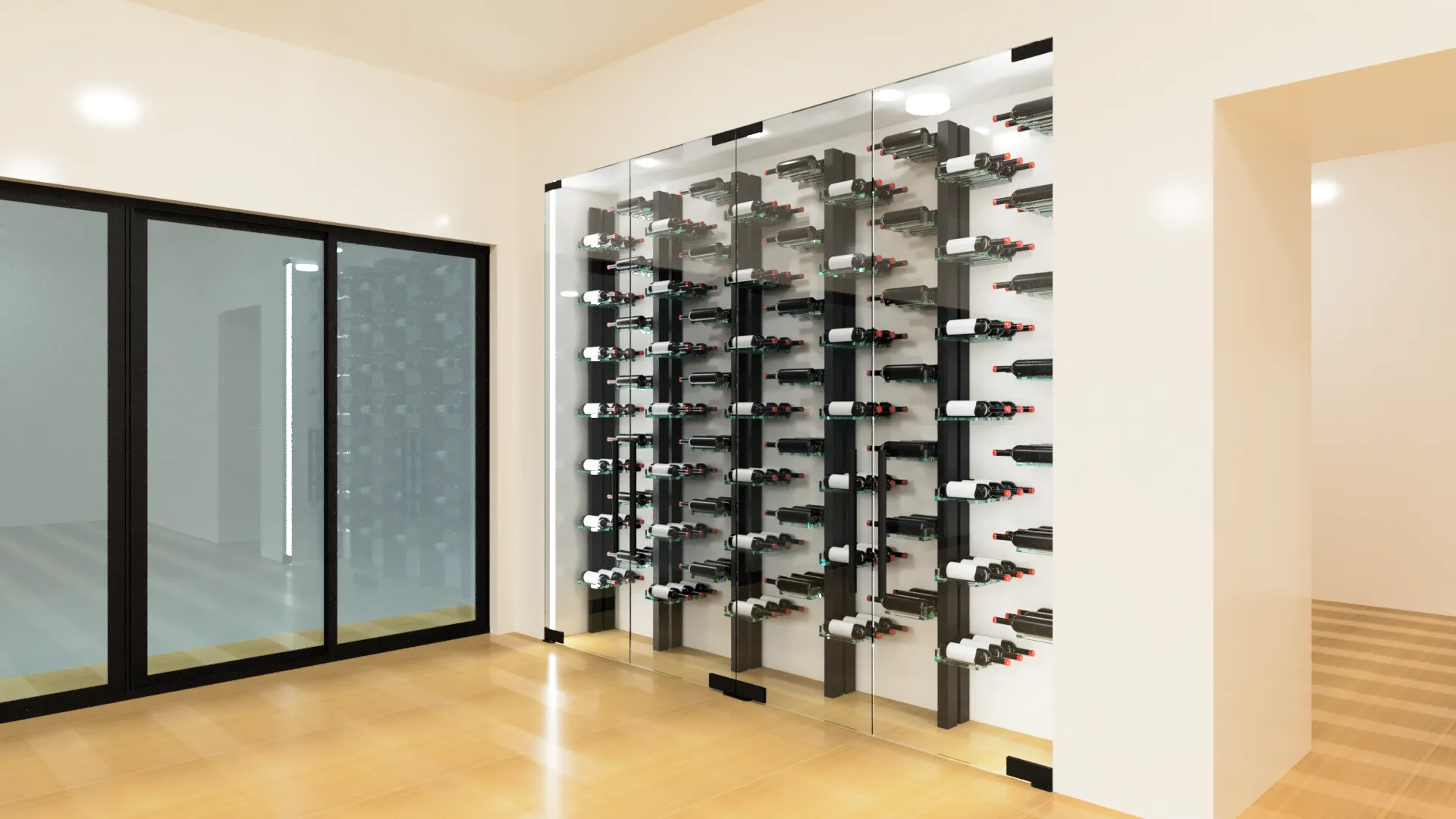 Custom glass wine cabinet with sleek black metal racks for bottles.