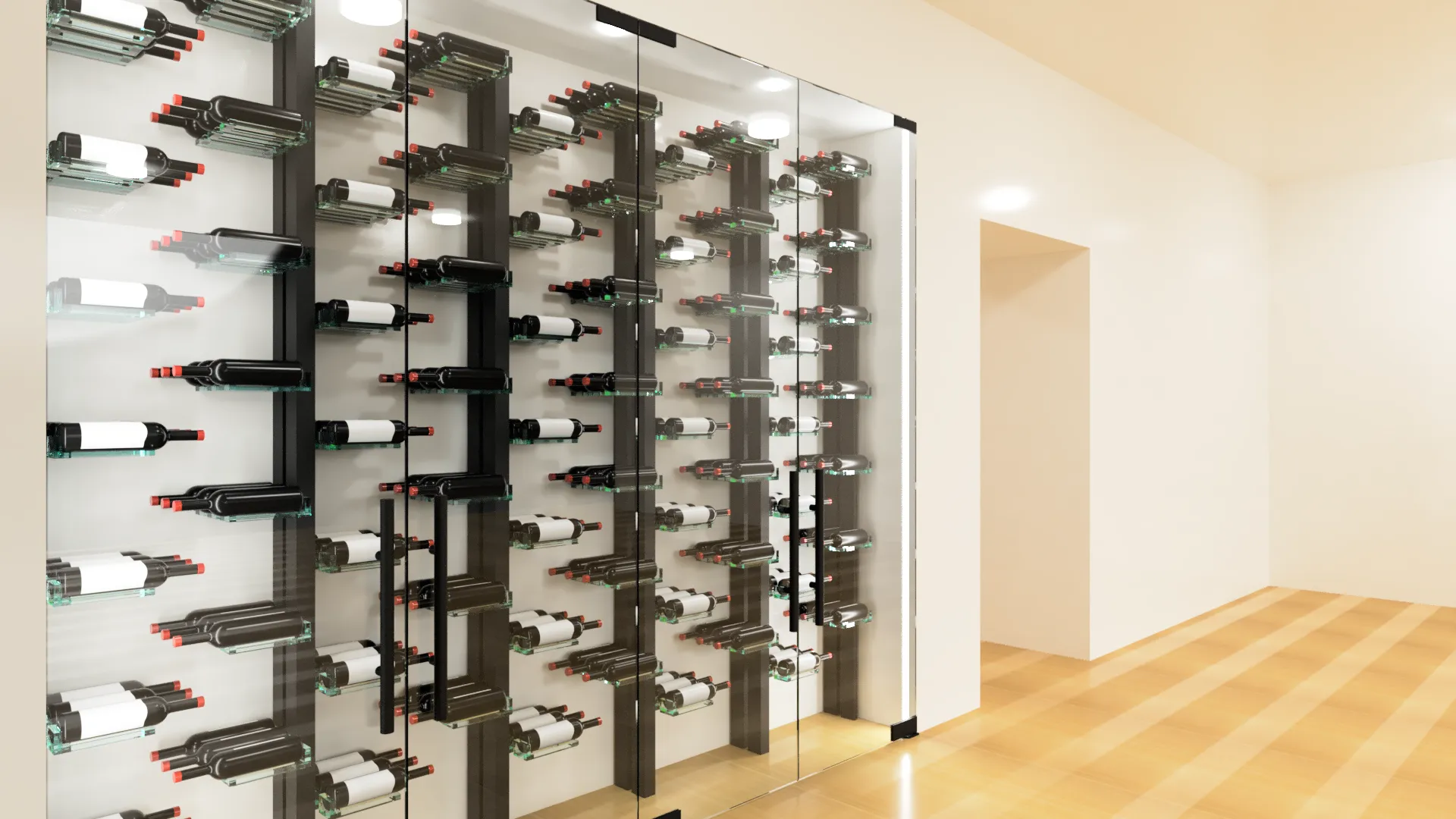 High-quality glass wine rack showcasing bottles with modern glass shelving.