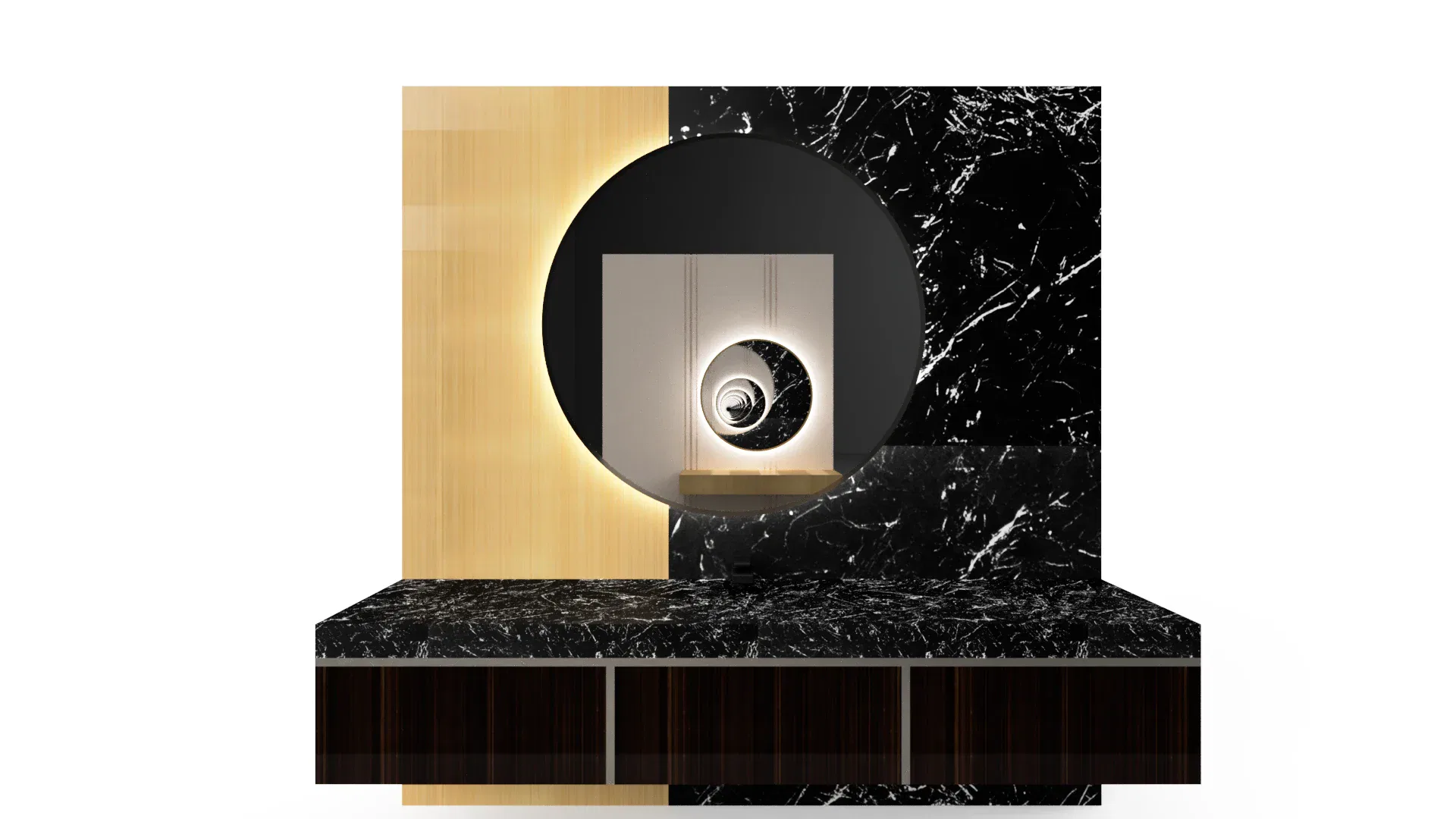 A stylish black and marble crystal glass mirror with modern wall art design for luxury home decor.