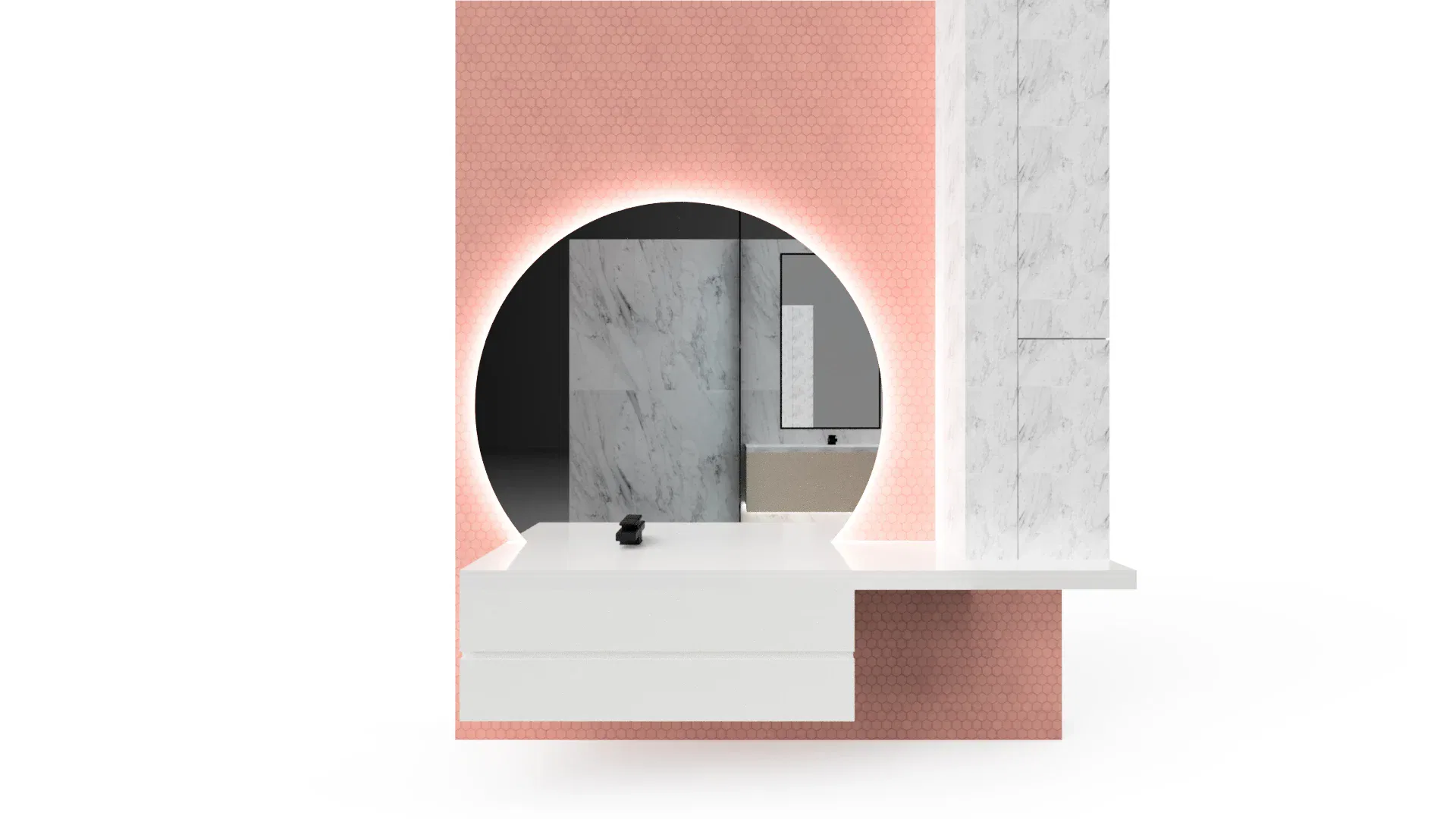 Illuminated round mirror with LED lighting, stylish bathroom vanity, and modern glass decor.