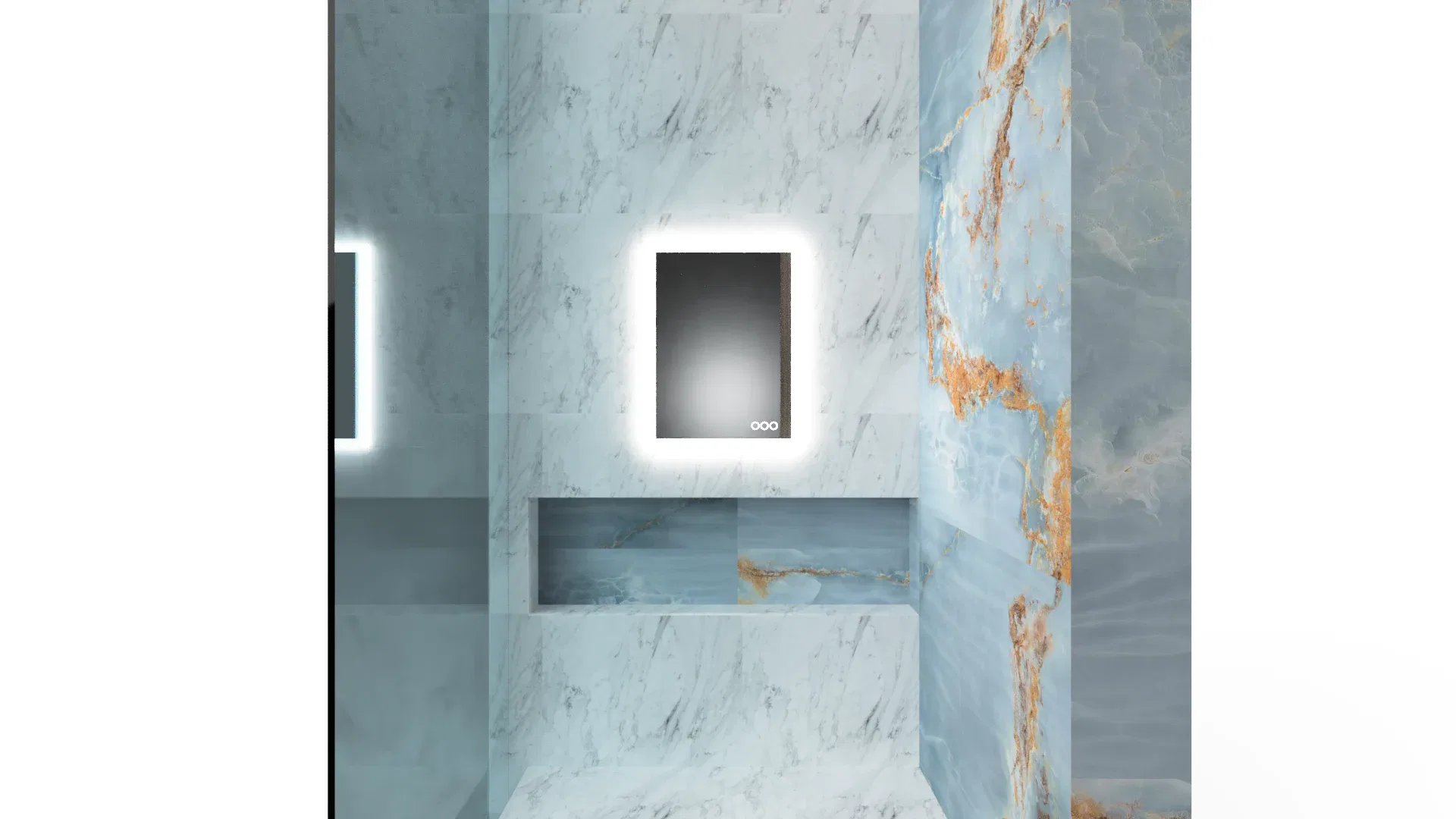High-end marble wall mirror with LED backlighting in modern bathroom decor.