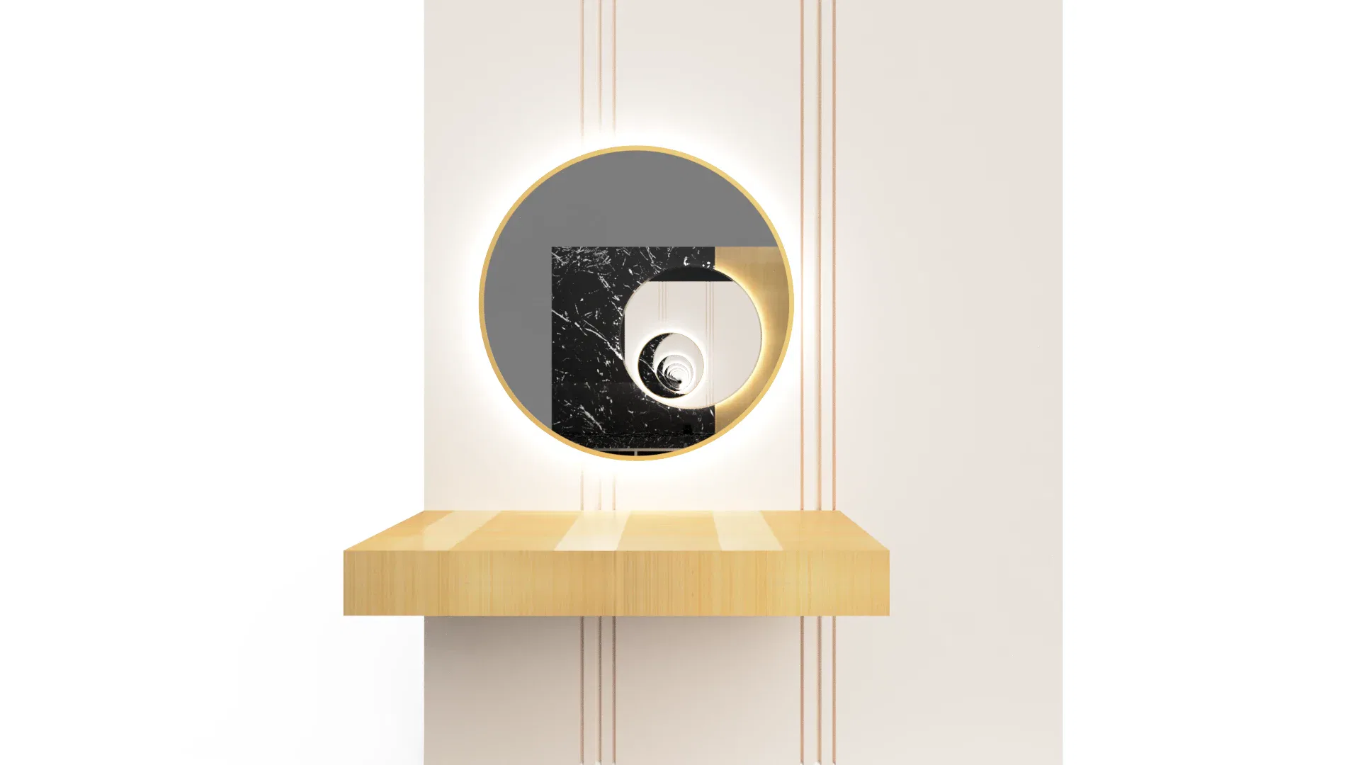 Stylish mirror with LED lighting and marble accent, perfect for contemporary home or office spaces.