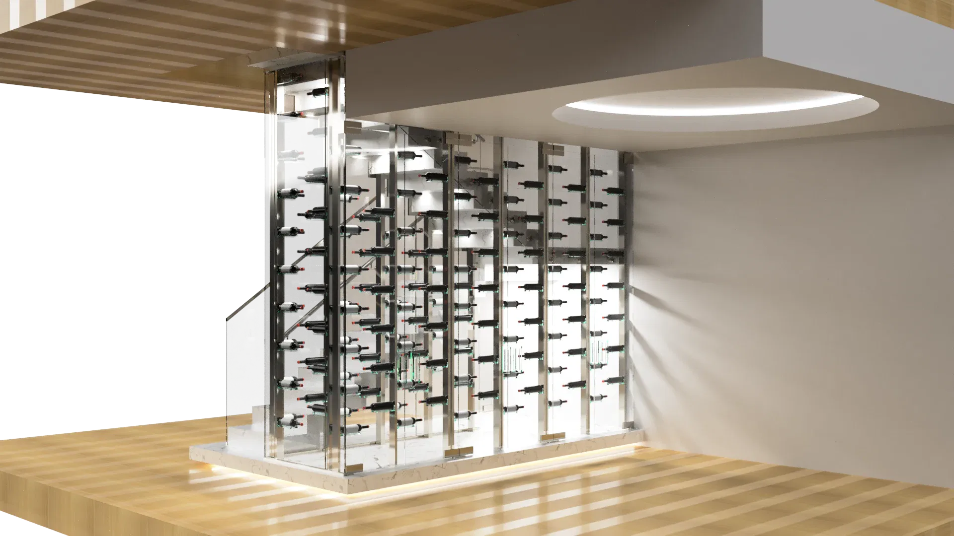 Luxurious wine display featuring crystal glass and mirror accents for upscale interiors.