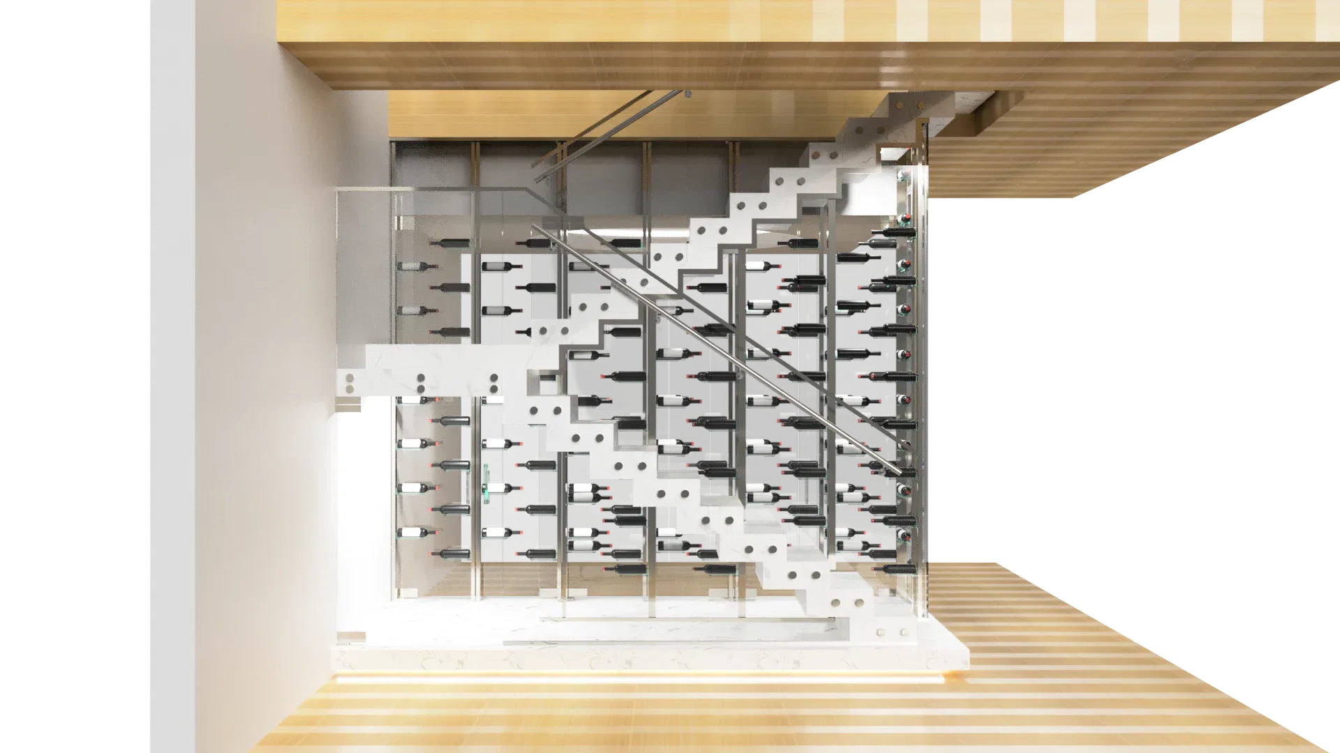 Modern wine cellar featuring glass and mirror design with wine bottles and sleek shelving.