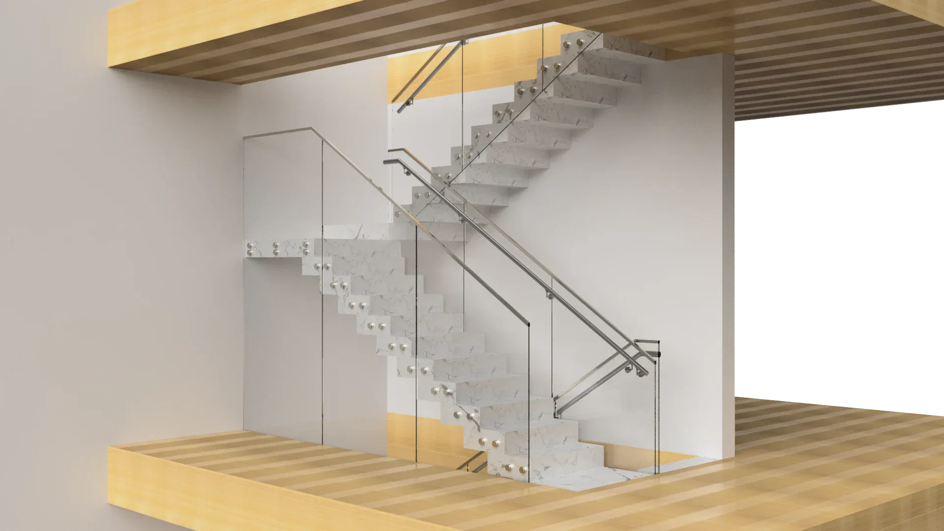 Clear glass staircase with stainless steel handrails and modern mirror accents, showcasing high-quality glass and mirror installation.