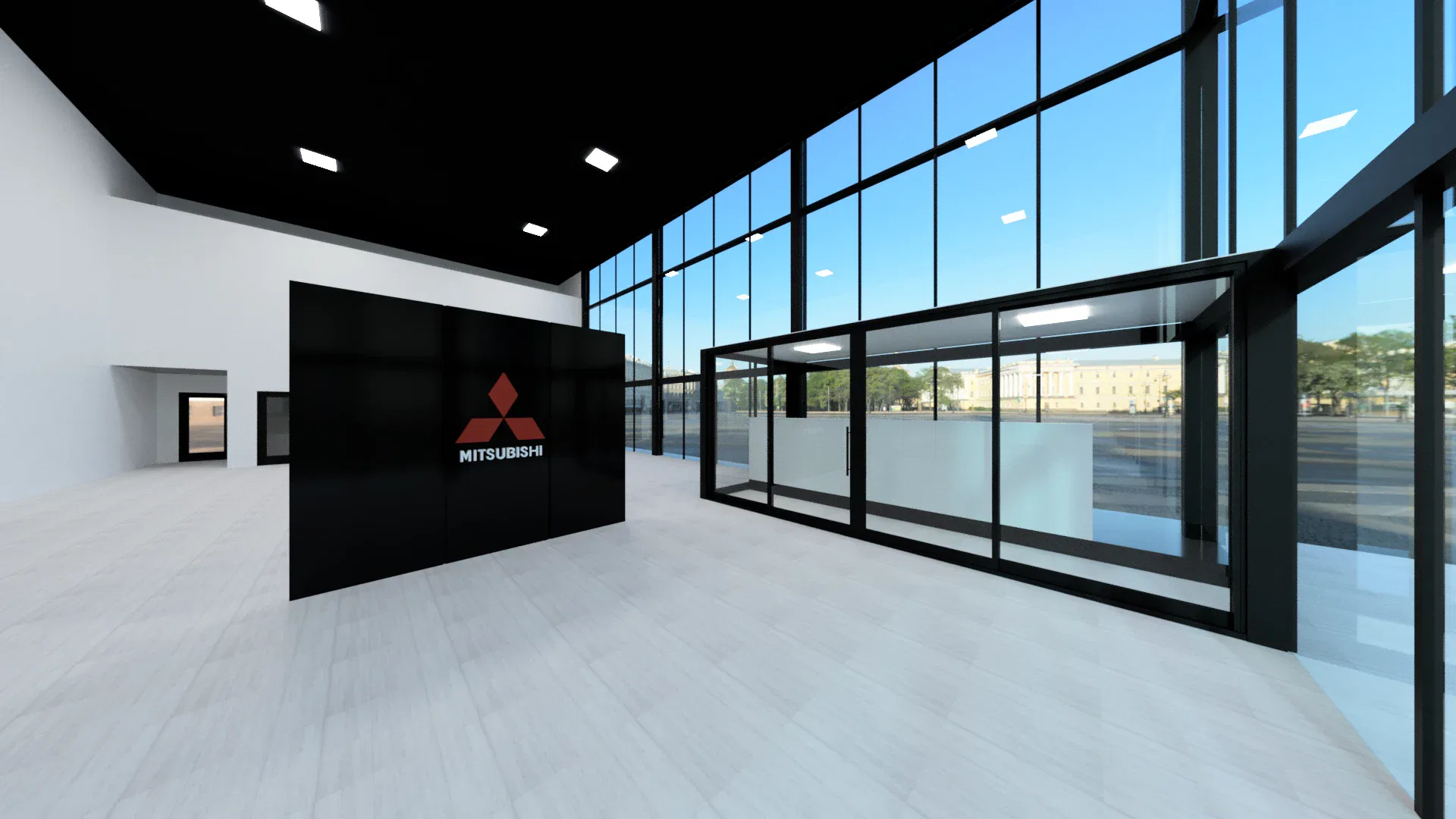 Modern showroom with large glass mirrors and windows, showcasing high-quality custom glass and mirror installations.