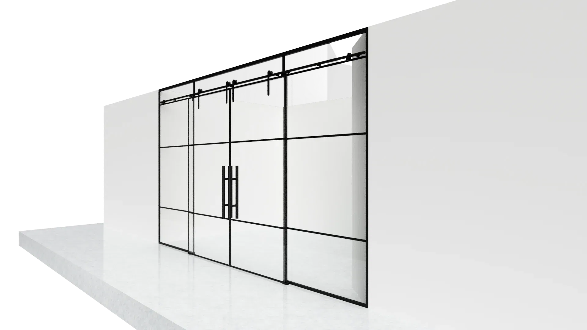 Stylish glass and mirror sliding door featuring a sleek black metal frame, perfect for contemporary spaces.