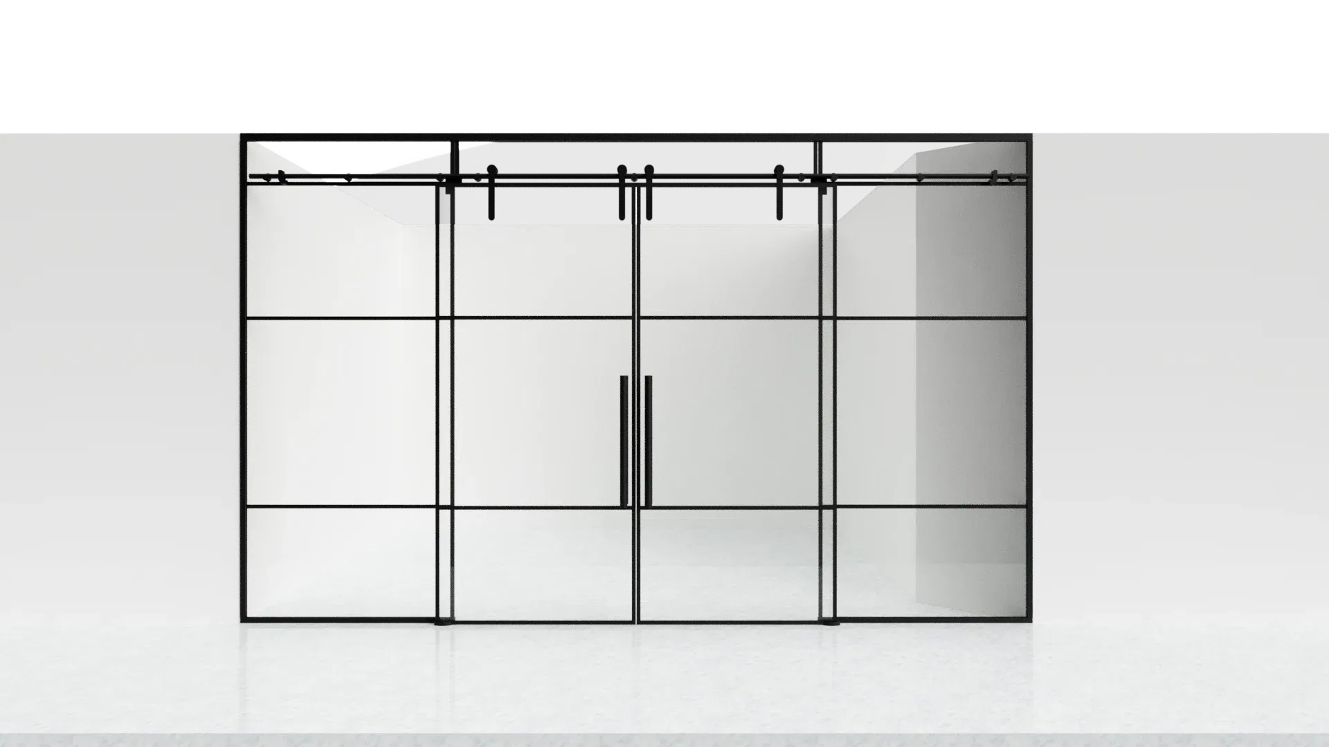 Modern black-framed glass mirror and door for stylish interior decor. Durable, elegant, perfect for homes or commercial spaces.