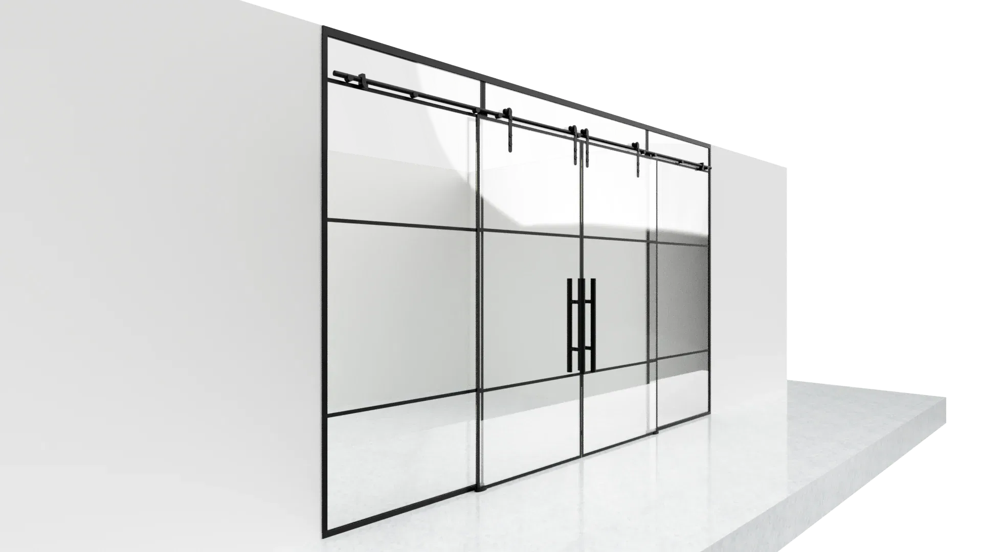 Modern glass barn door with black framing and sliding hardware for stylish home decor.