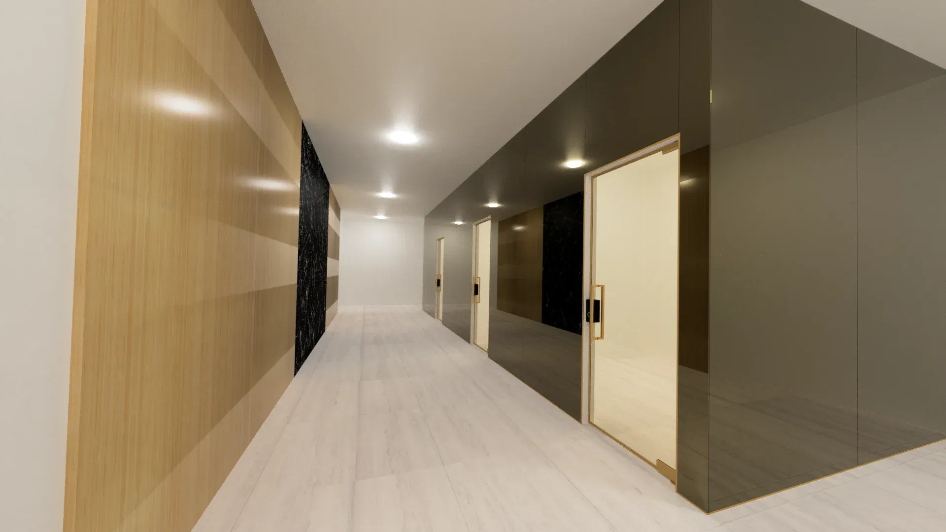 Stunning glass and mirror elevator area with sleek design and elegant materials.