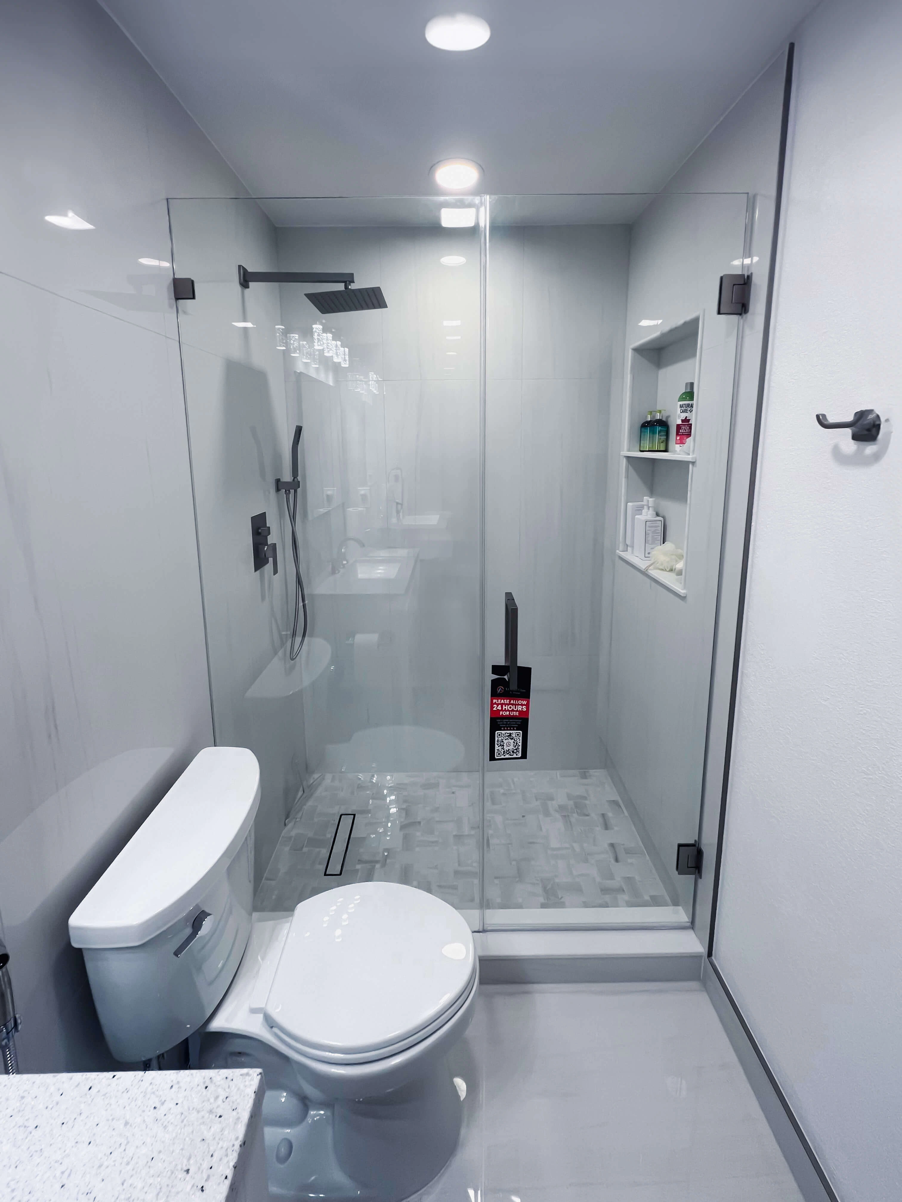 High-quality clear glass shower door with black hardware and built-in niche.