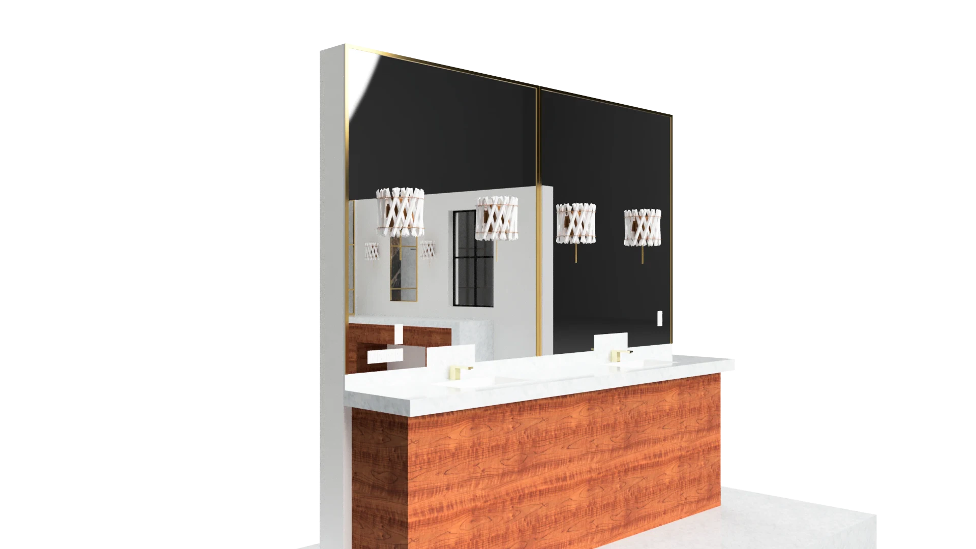 Large decorative mirror with black accents and wooden vanity for modern interior design.