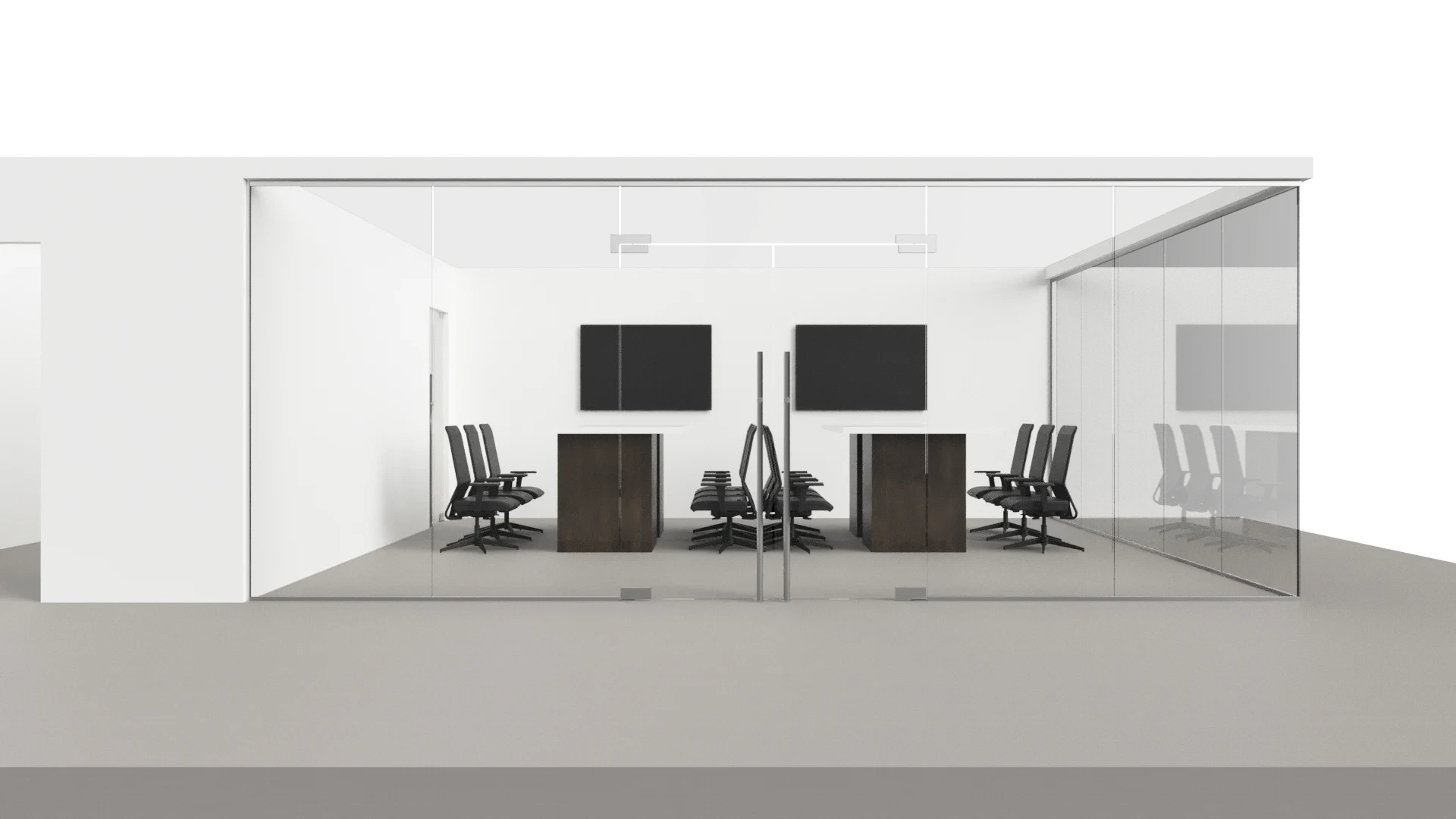 Modern glass conference room with sleek glass walls and stylish black chairs.