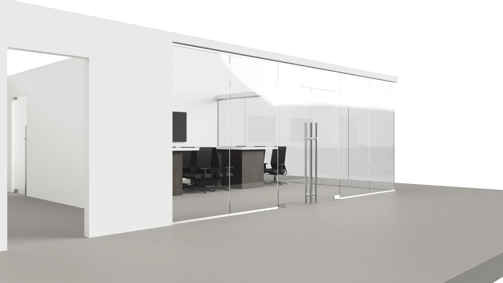 High-quality glass office wall with mirrored doors for modern commercial spaces.