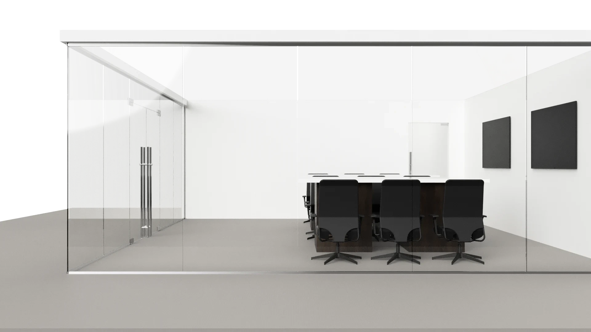 Elegant glass wall with modern office furniture and black chairs.