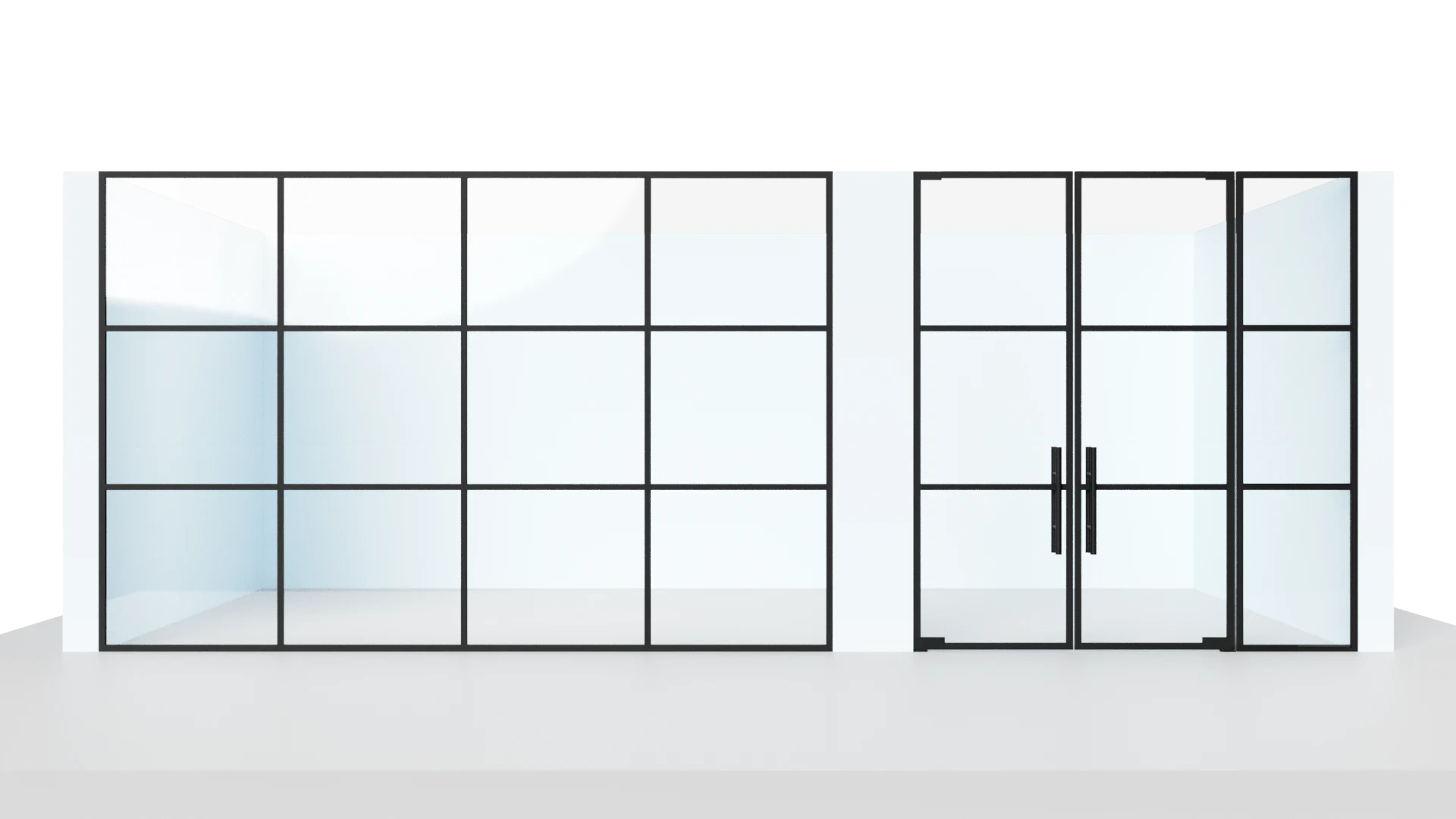 High-quality commercial glass door with sleek black frame, perfect for business entrances and custom interiors.