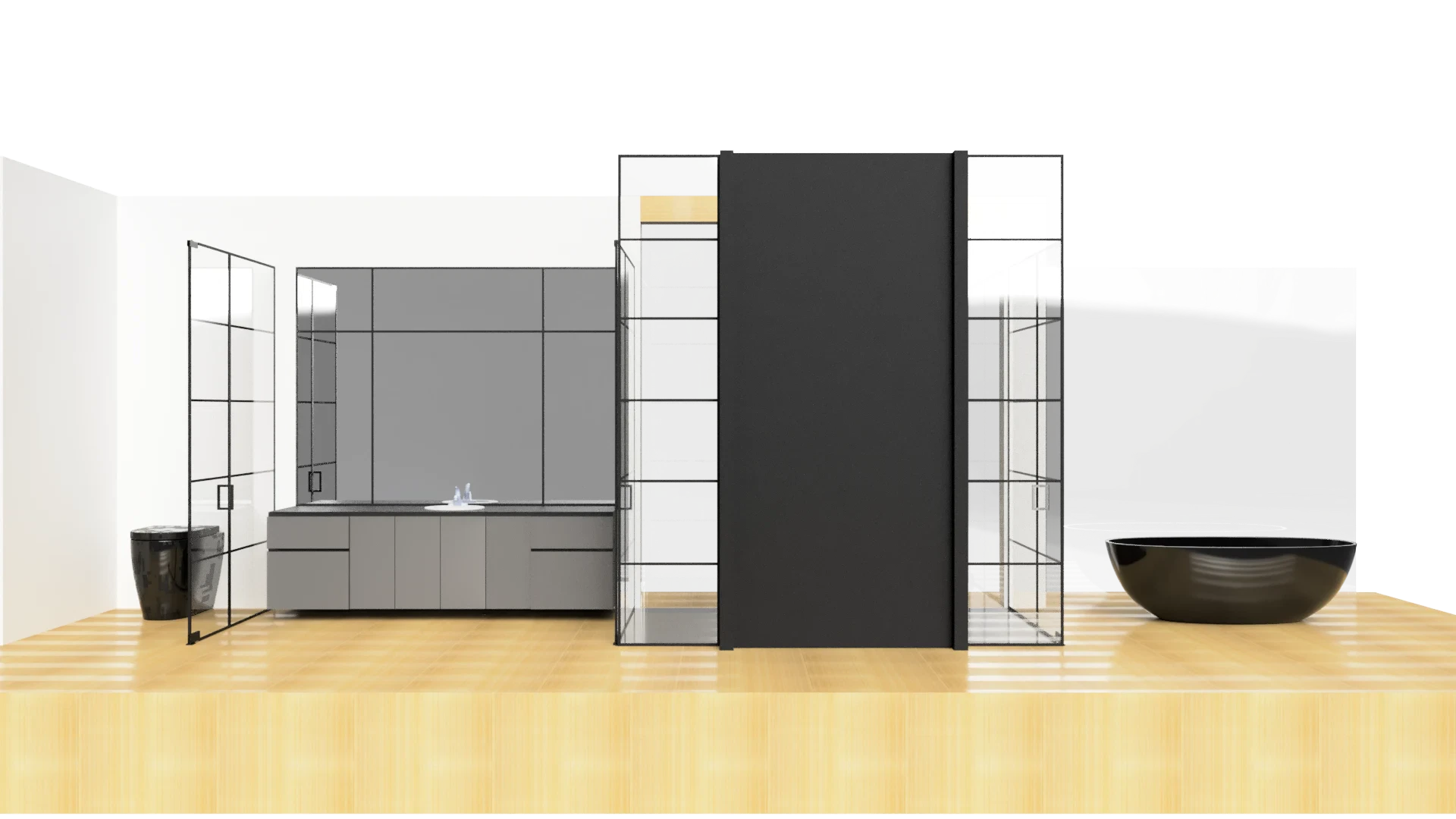 Modern glass and mirror kitchen with sleek black and clear glass accents for stylish home decor.