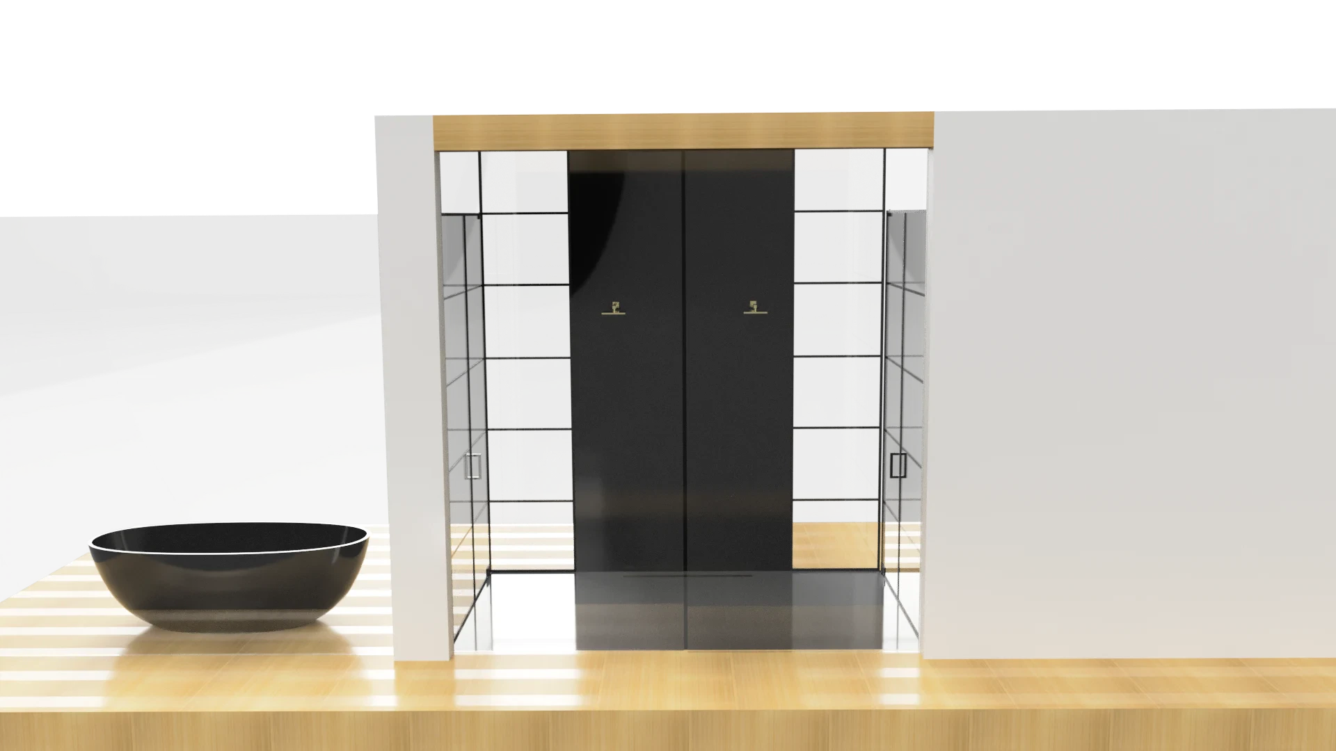 High-quality glass and mirror with sleek black accents and wooden details for home decor.
