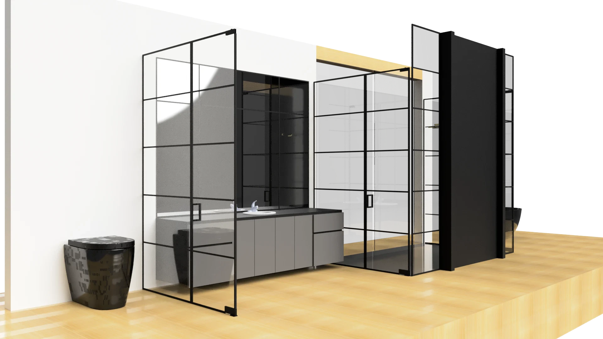 High-quality glass and mirror room divider wall with sleek black framework.