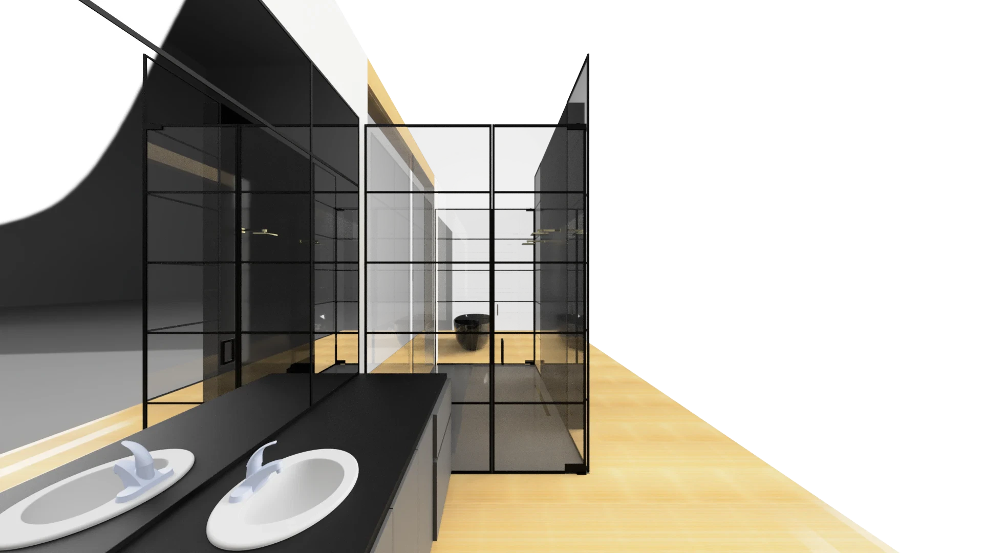 Modern glass bathroom partition with sleek black framing and dual sinks for elegant design.