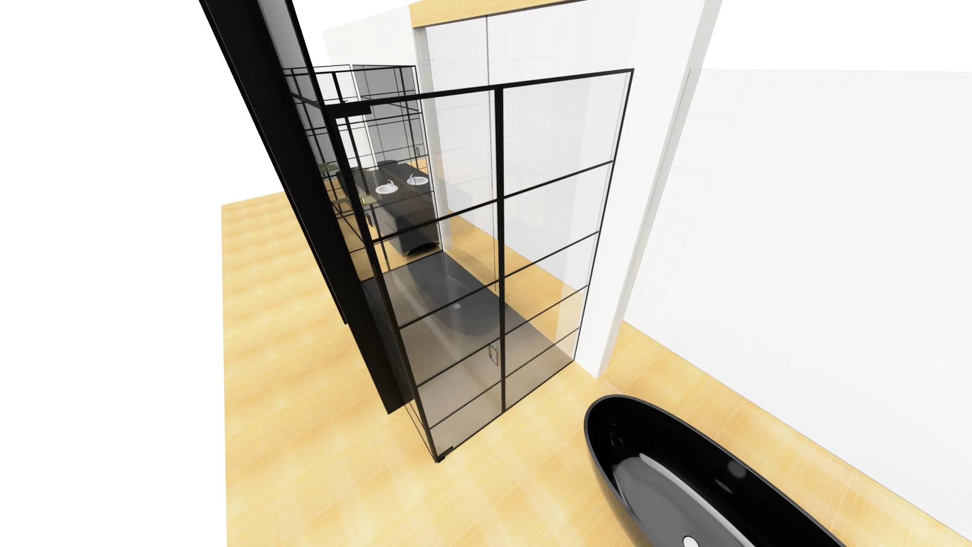 Modern glass & mirror installation with sleek black framing in contemporary space.