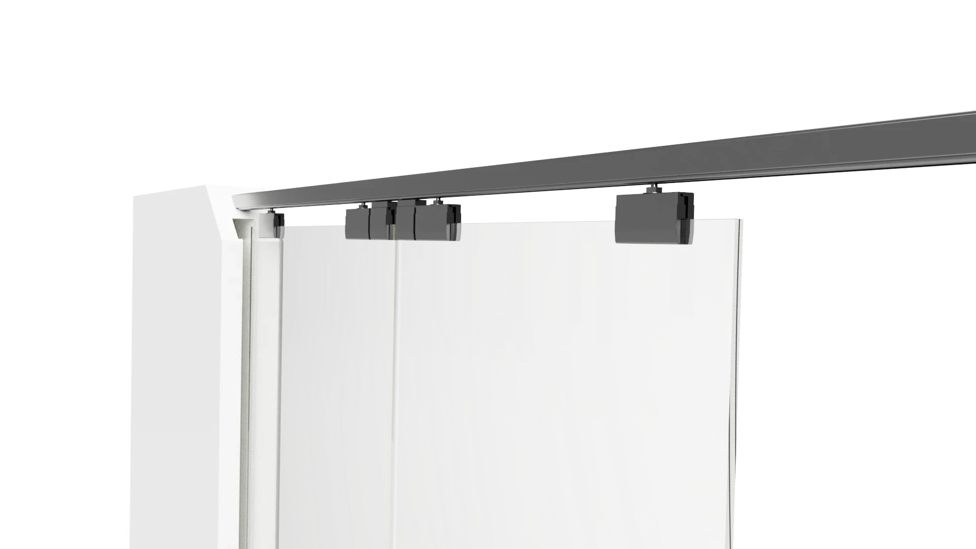 Modern sliding glass door hardware with sleek metal tracks and rollers.