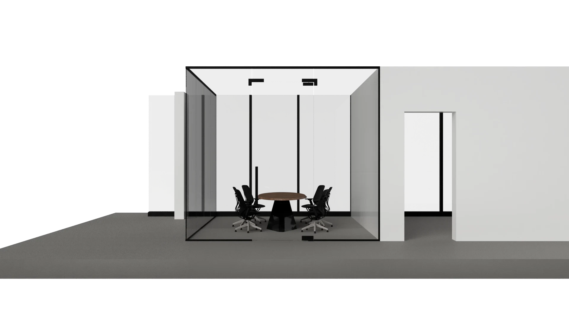 Modern glass office with a round table and black chairs, featuring floor-to-ceiling glass walls for a sleek, professional look.