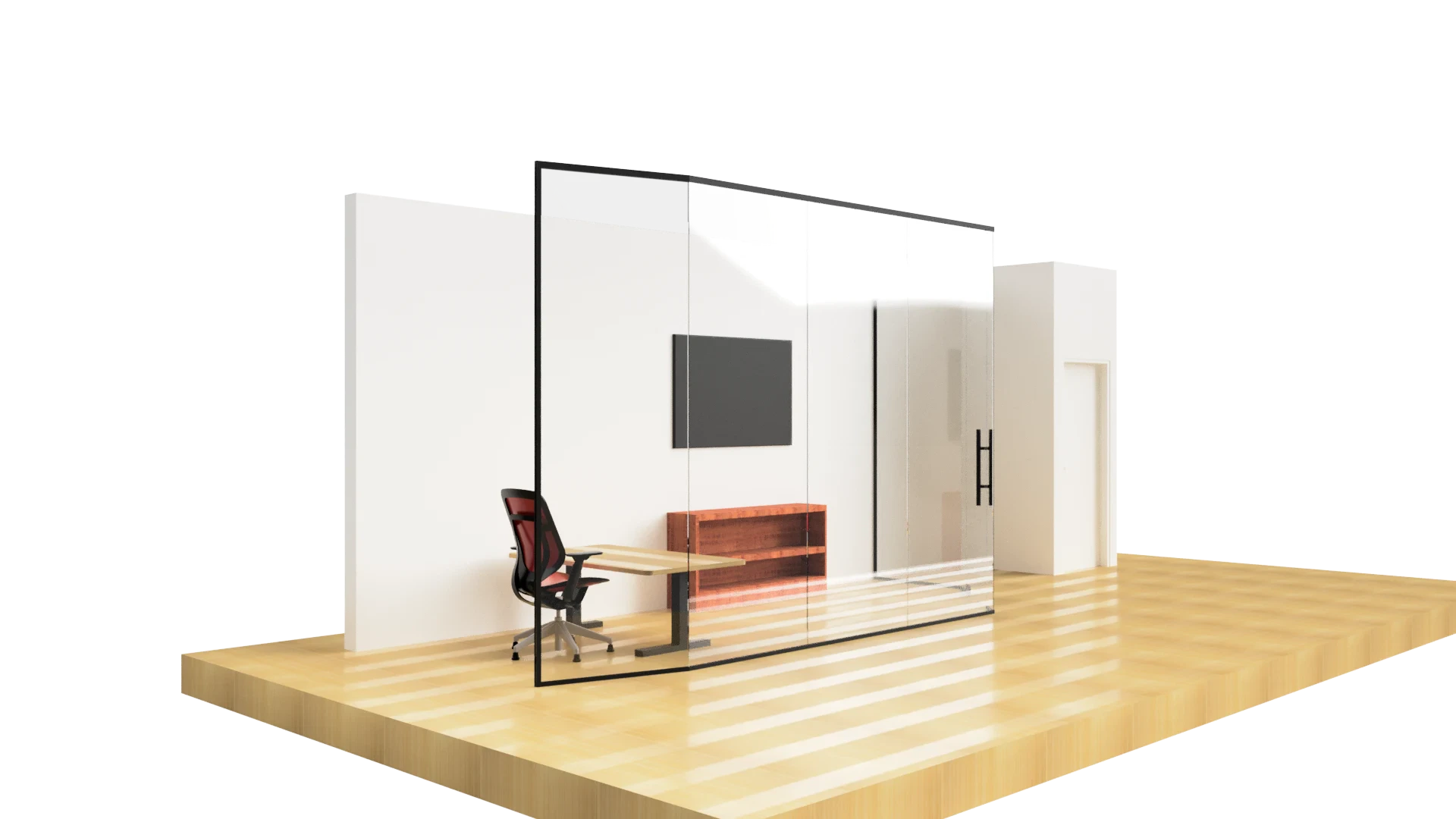 Elegant glass office partition with metal frame, ideal for modern workspace customization.