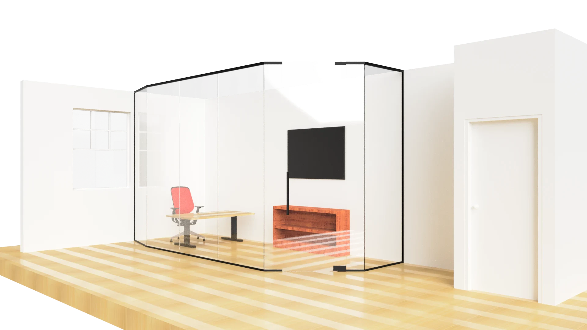 Glass office interior with clear walls, modern furniture, and a sleek, minimalist style for professional use.