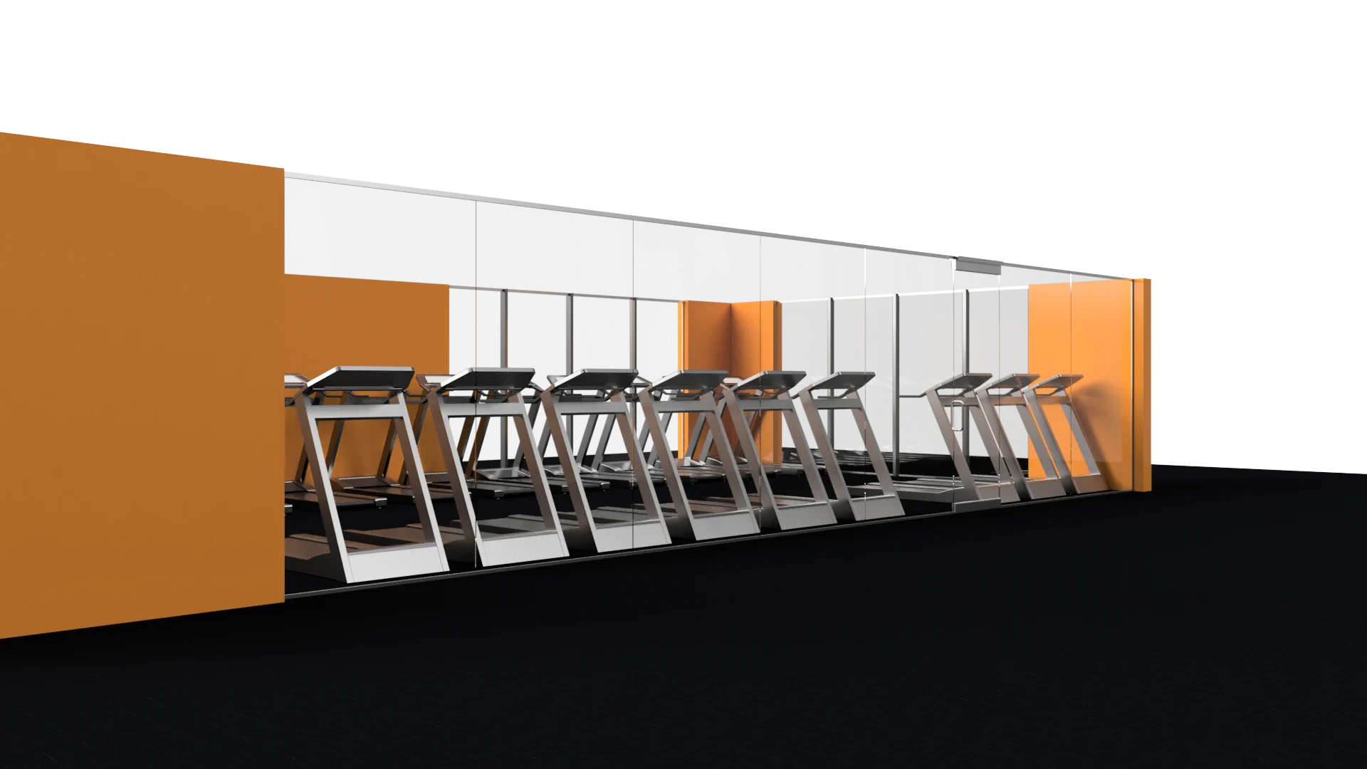 Elegant glass display with contemporary mirror frames and orange-colored wall panels.