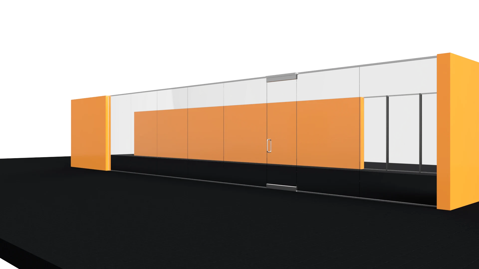 Modern glass display case with orange, black, and gray panels for commercial or decorative use.