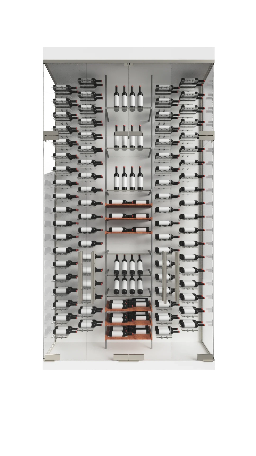Luxury wine refrigerator with glass door and stainless steel accents. Perfect for wine storage and display.