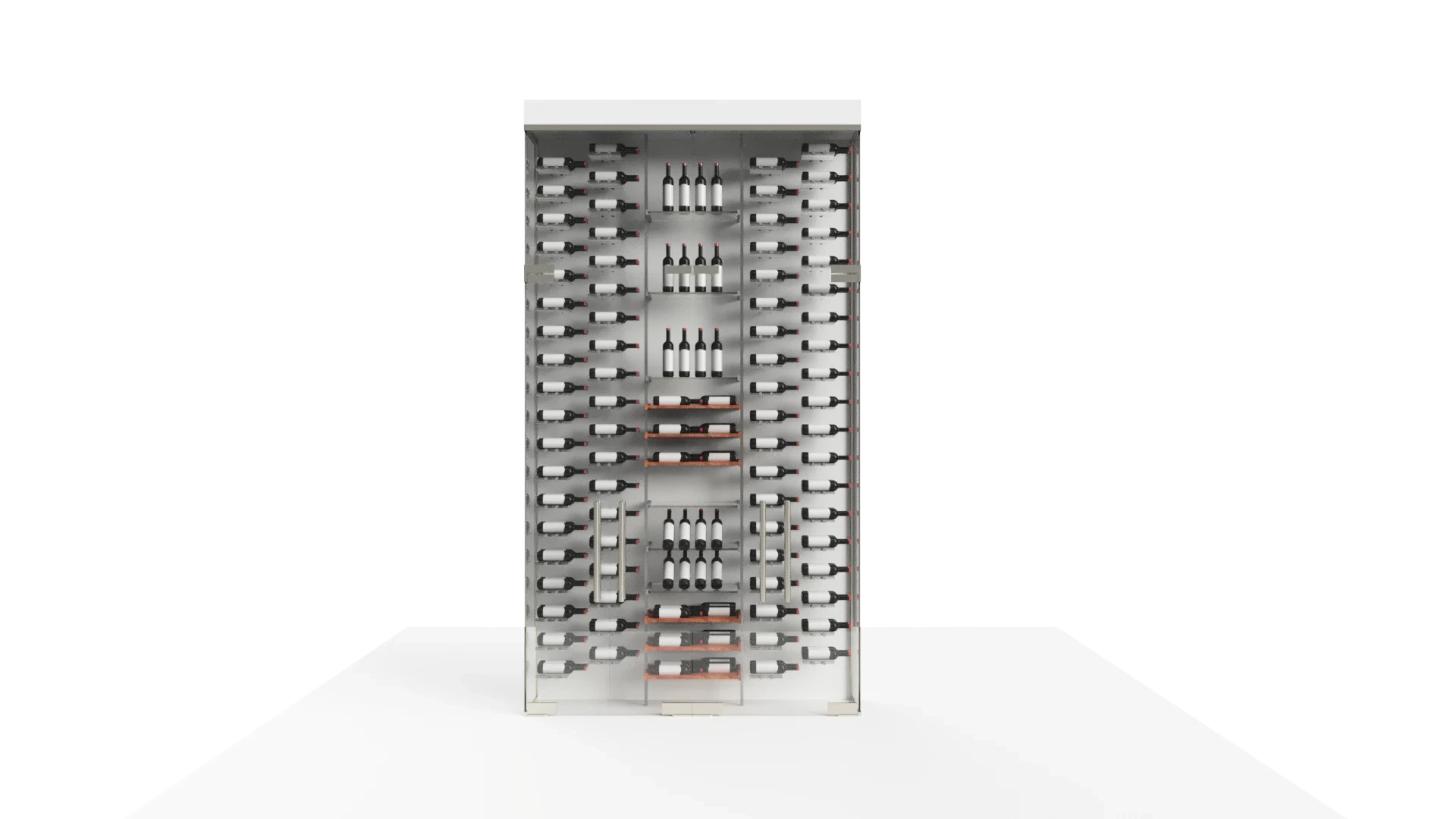 Stylish wine fridge featuring glass door and mirror finish, perfect for wine storage and display.