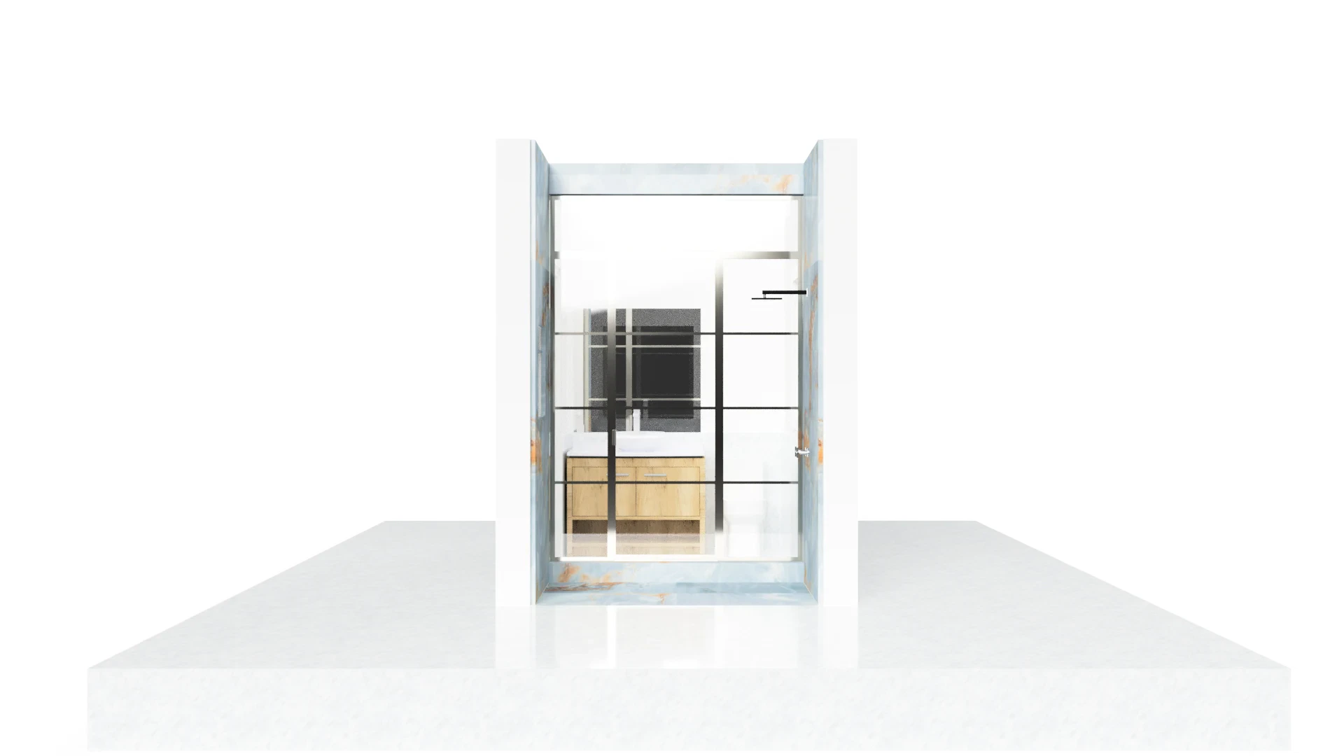 Modern glass and mirror door for interior spaces with sleek black framing.