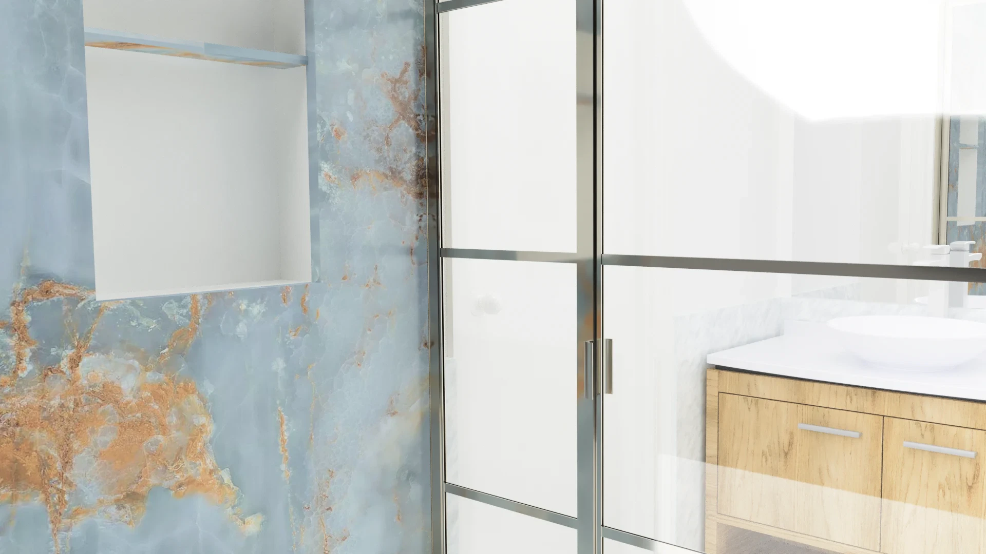 High-quality glass shower doors with sleek metal framing and modern bathroom design.