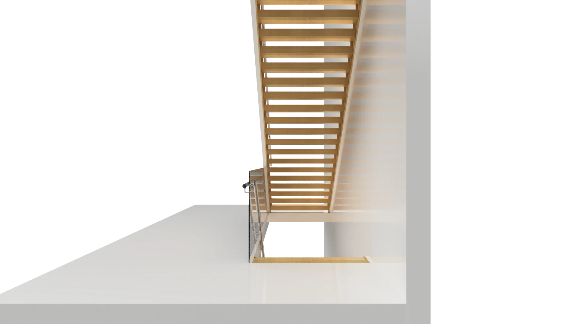 Stunning wooden staircase with sleek glass railing in minimalist interior design.