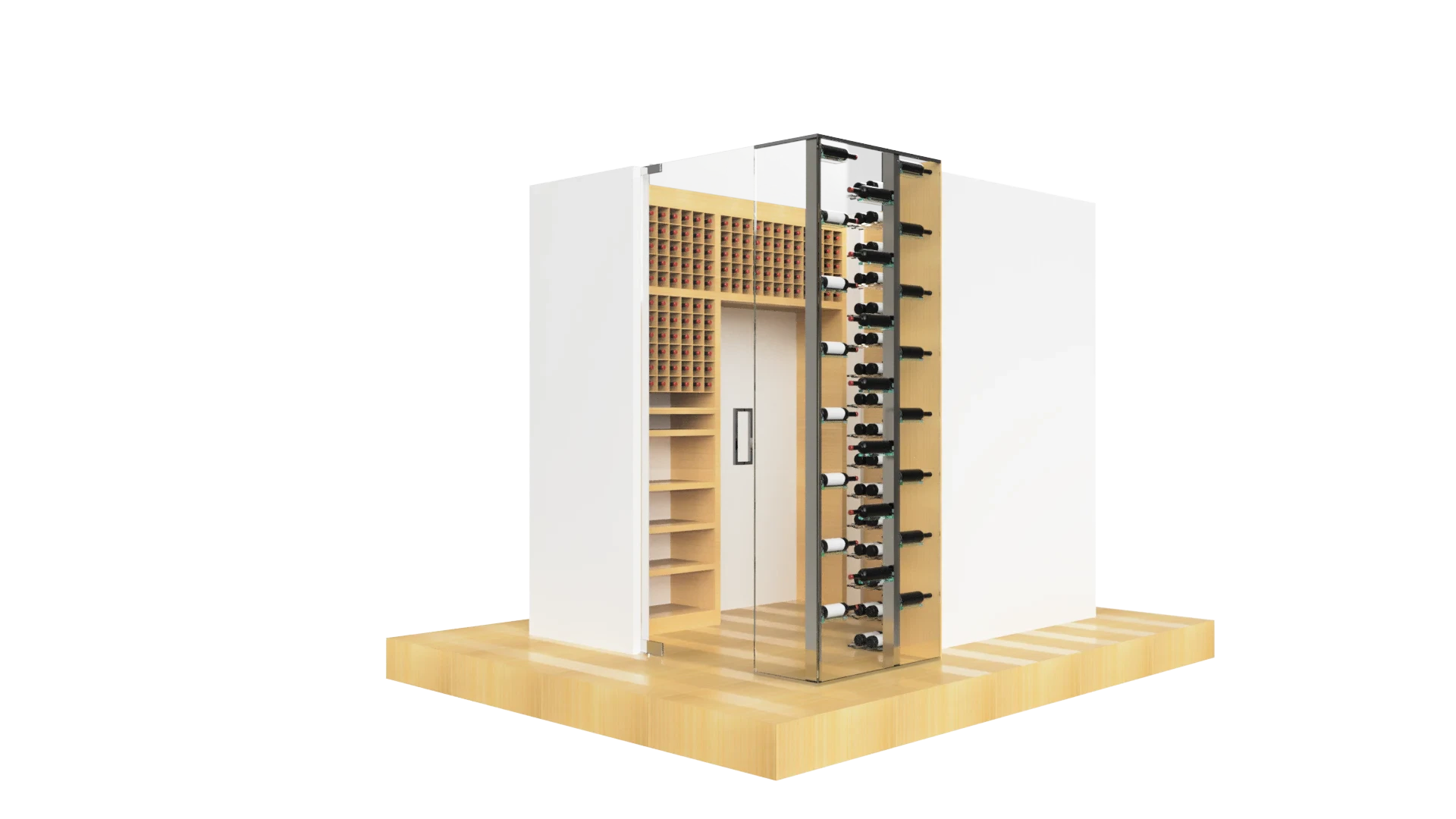 High-quality wine cabinet featuring glass doors, wine racks, and customizable shelving for wine display.