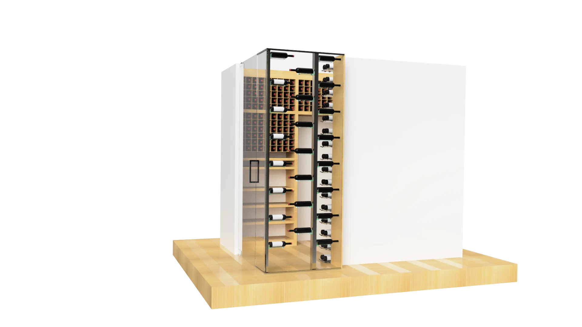 Glass wine cabinet with wooden shelves and door for stylish wine storage and display.