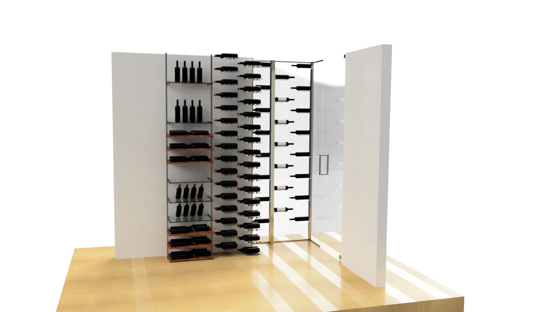 Stylish wine cabinet featuring glass doors, racks for bottles and glassware, ideal for home wine storage.
