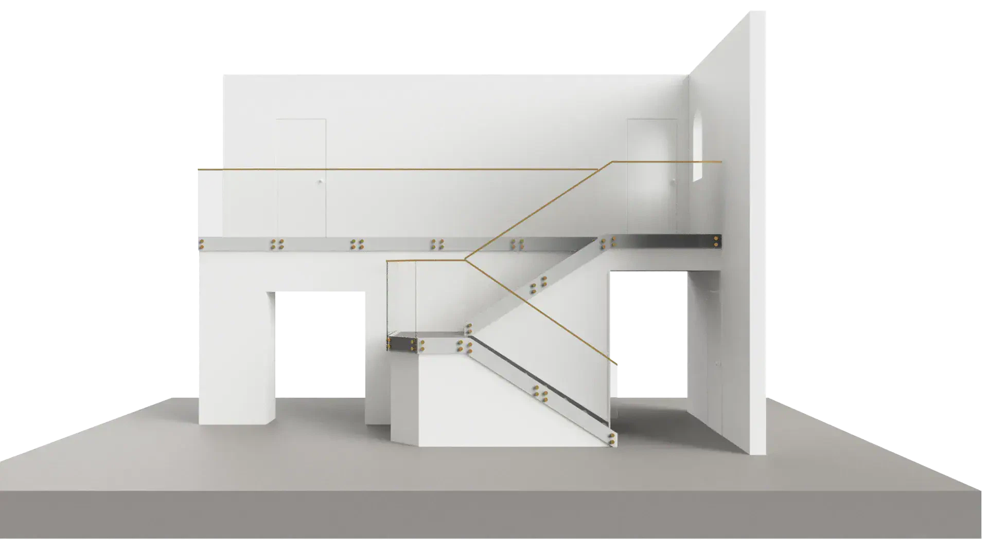 Staircase featuring glass balustrades with gold detailing, blending contemporary elegance and safety.