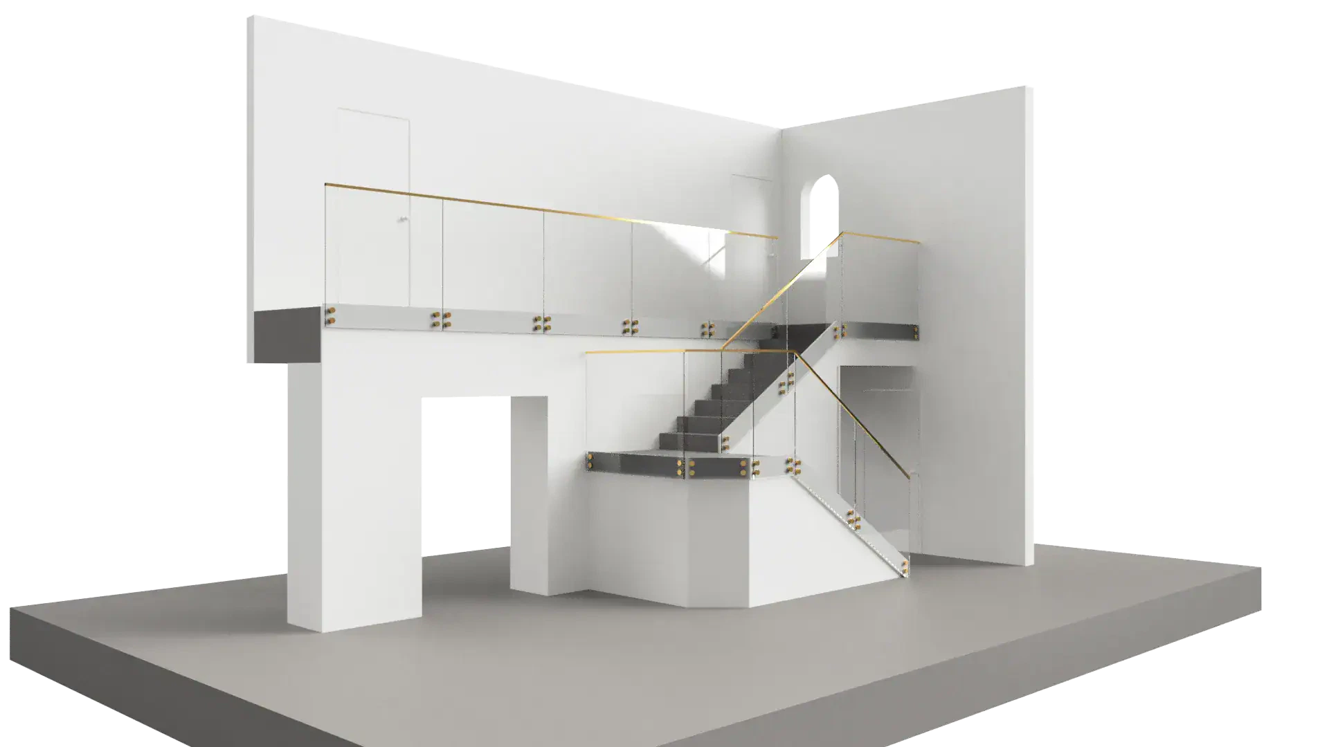 Stunning glass staircase featuring sleek glass railings and minimalist aesthetic.